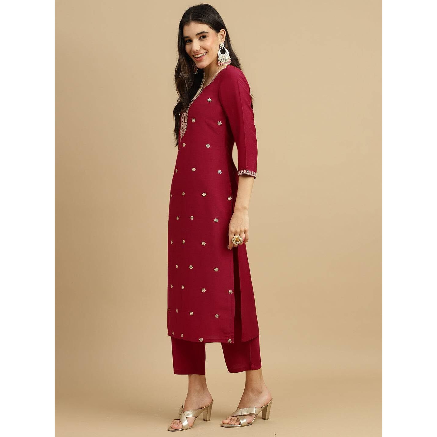 BHARVITA Women's Cotton Blend Embroidered Kurta Pant with Floral Digital Silk Prited Dupatta (in, Alpha, L, Regular, Pink)