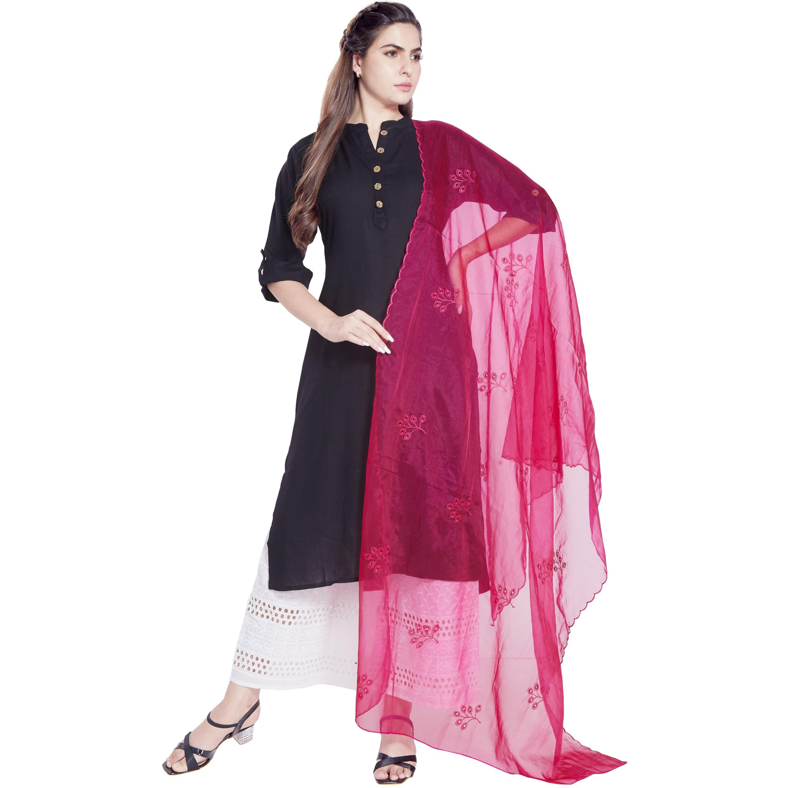 RANI SAAHIBA Women's Embroidered Organza Dupatta(SKRDD2759_Rani Pink)
