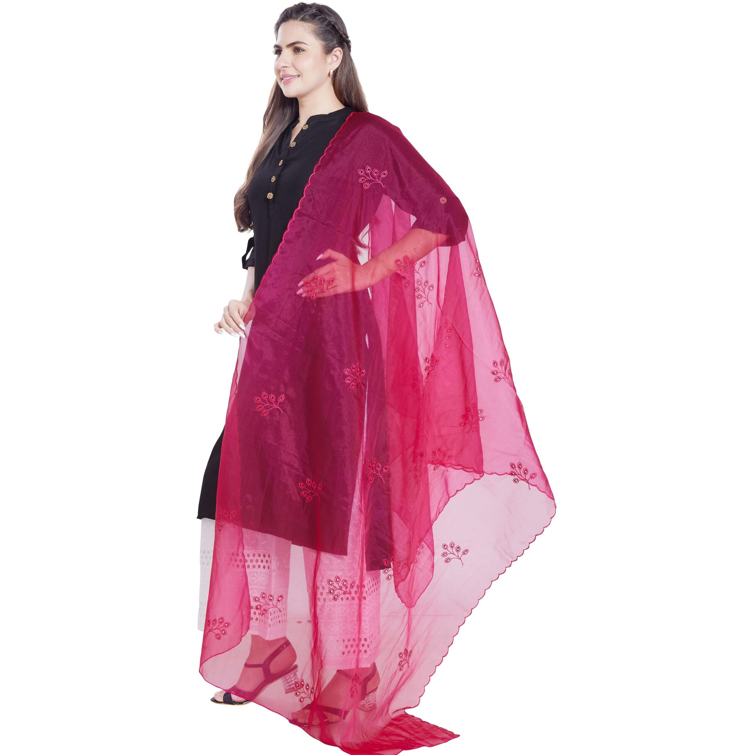 RANI SAAHIBA Women's Embroidered Organza Dupatta(SKRDD2759_Rani Pink)