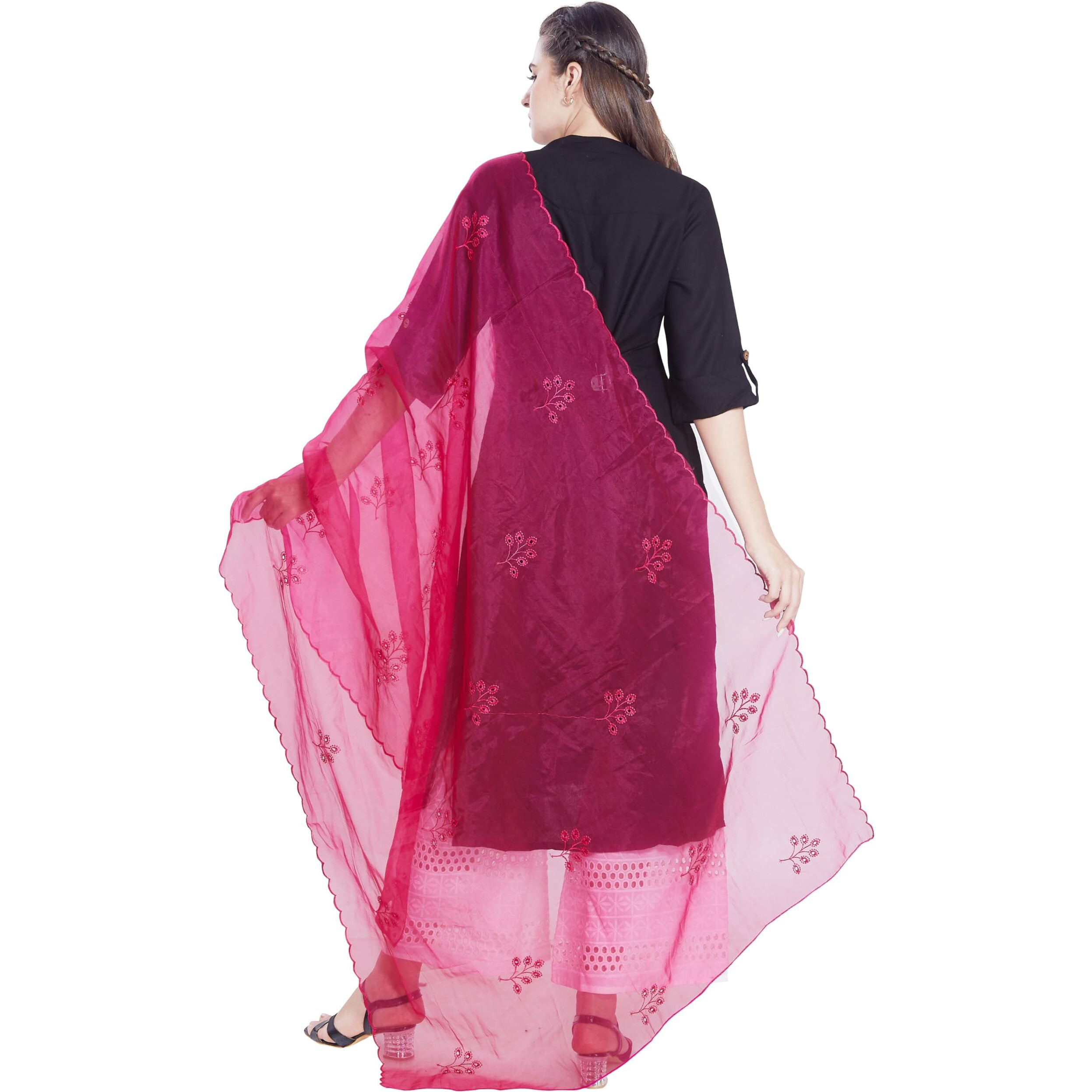 RANI SAAHIBA Women's Embroidered Organza Dupatta(SKRDD2759_Rani Pink)