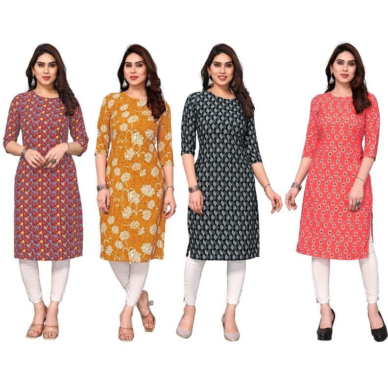 KHILORI Women's Printed Regular Kurta 4 Crepe Kurti 46-47-48-49 XL_Multi