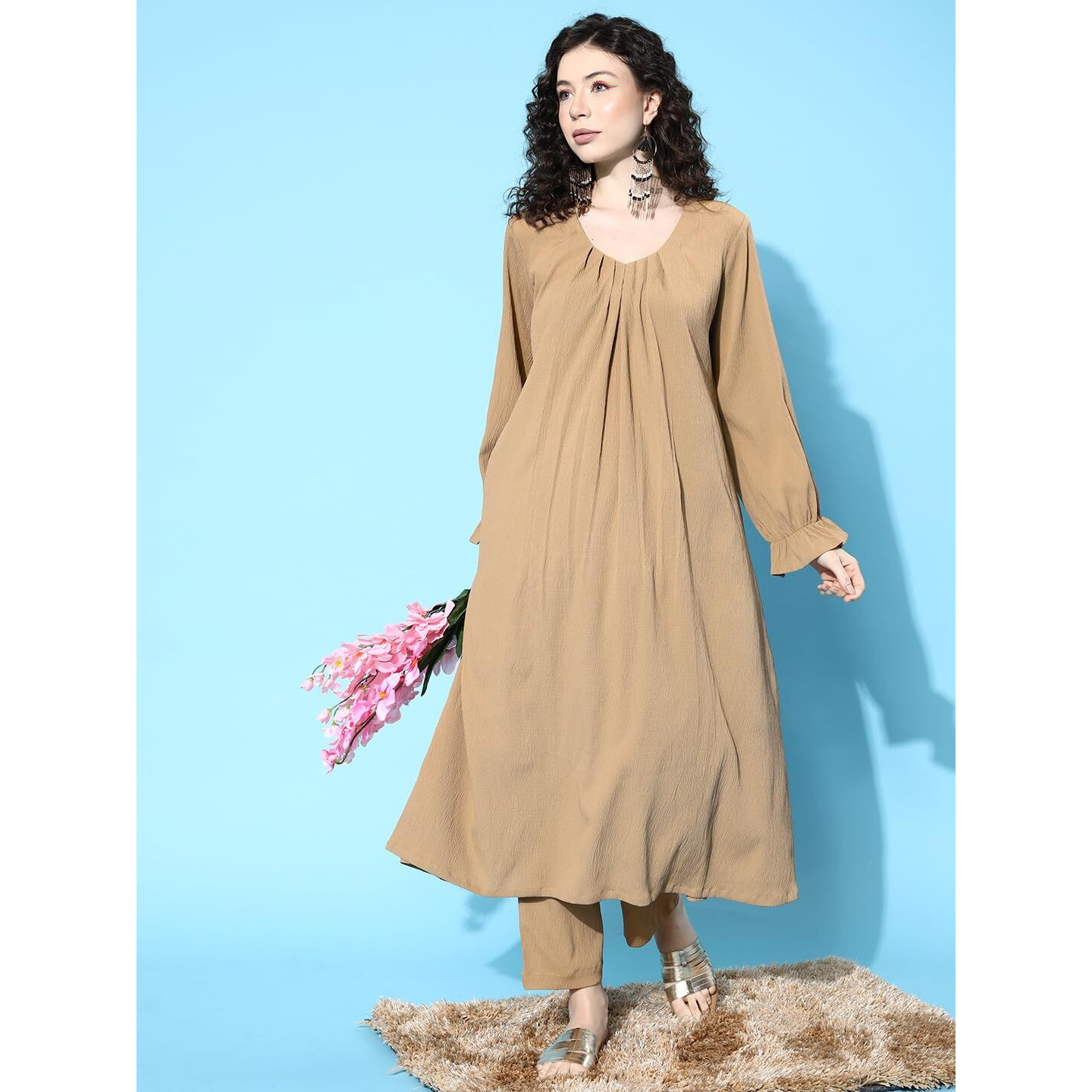 Varanga Women Beige Colour, Bishop Sleeve A-Line Kurta Paired With Tonal Bottom