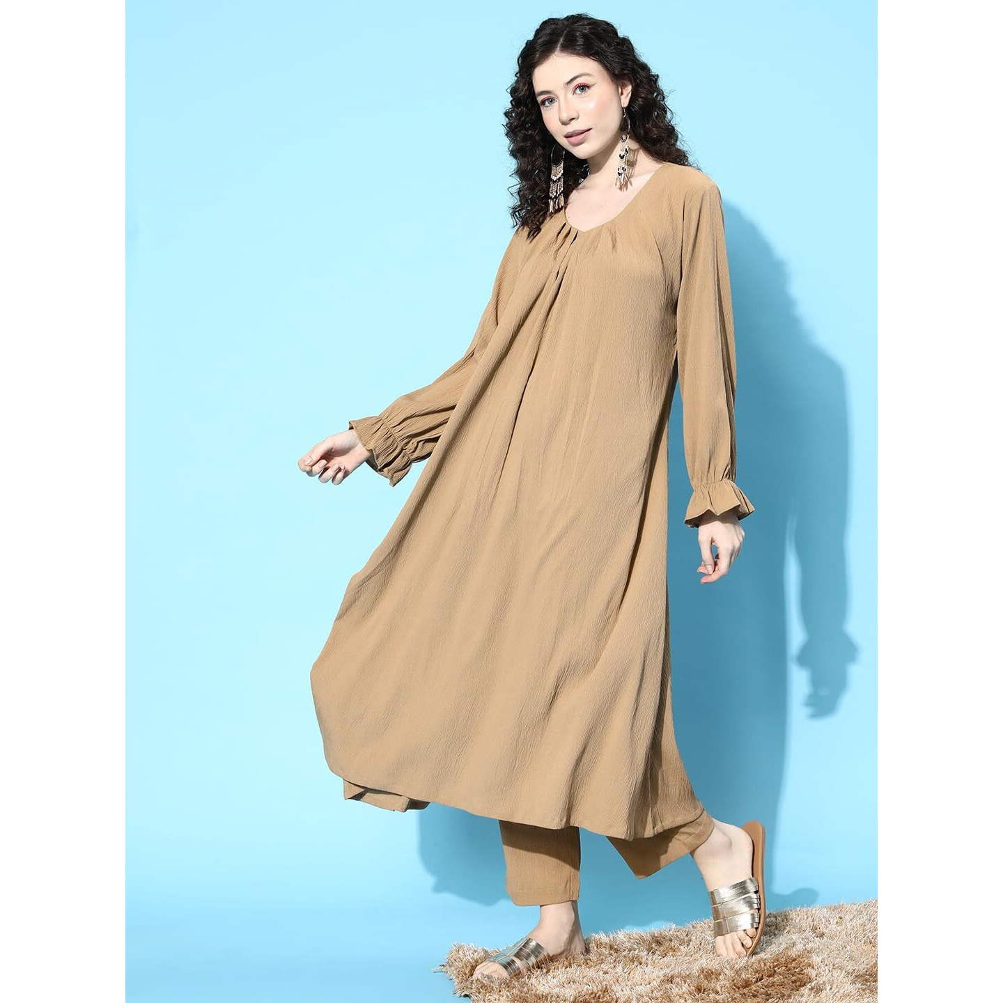 Varanga Women Beige Colour, Bishop Sleeve A-Line Kurta Paired With Tonal Bottom