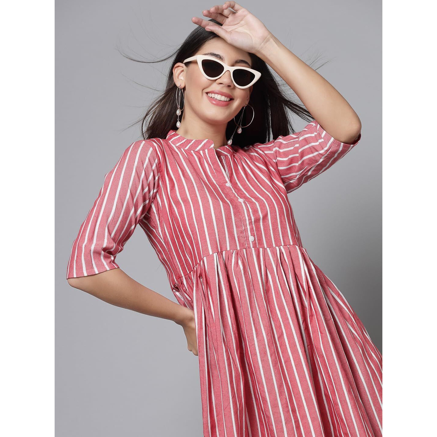 VINCHIC Anarkali Pure Cotton Stripes Kurti|Kurti for Women||Bollywood KurtiKurta Pink