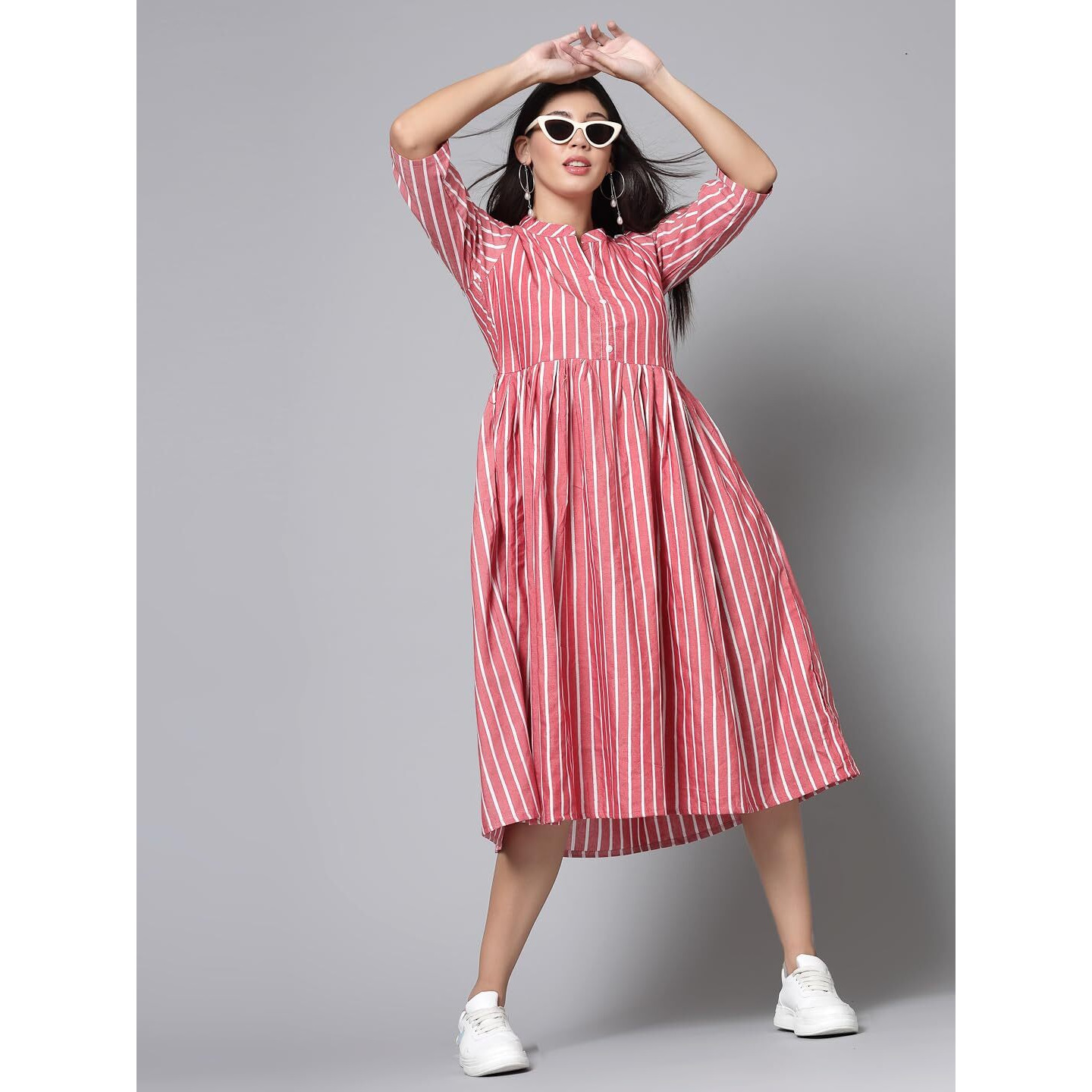 VINCHIC Anarkali Pure Cotton Stripes Kurti|Kurti for Women||Bollywood KurtiKurta Pink