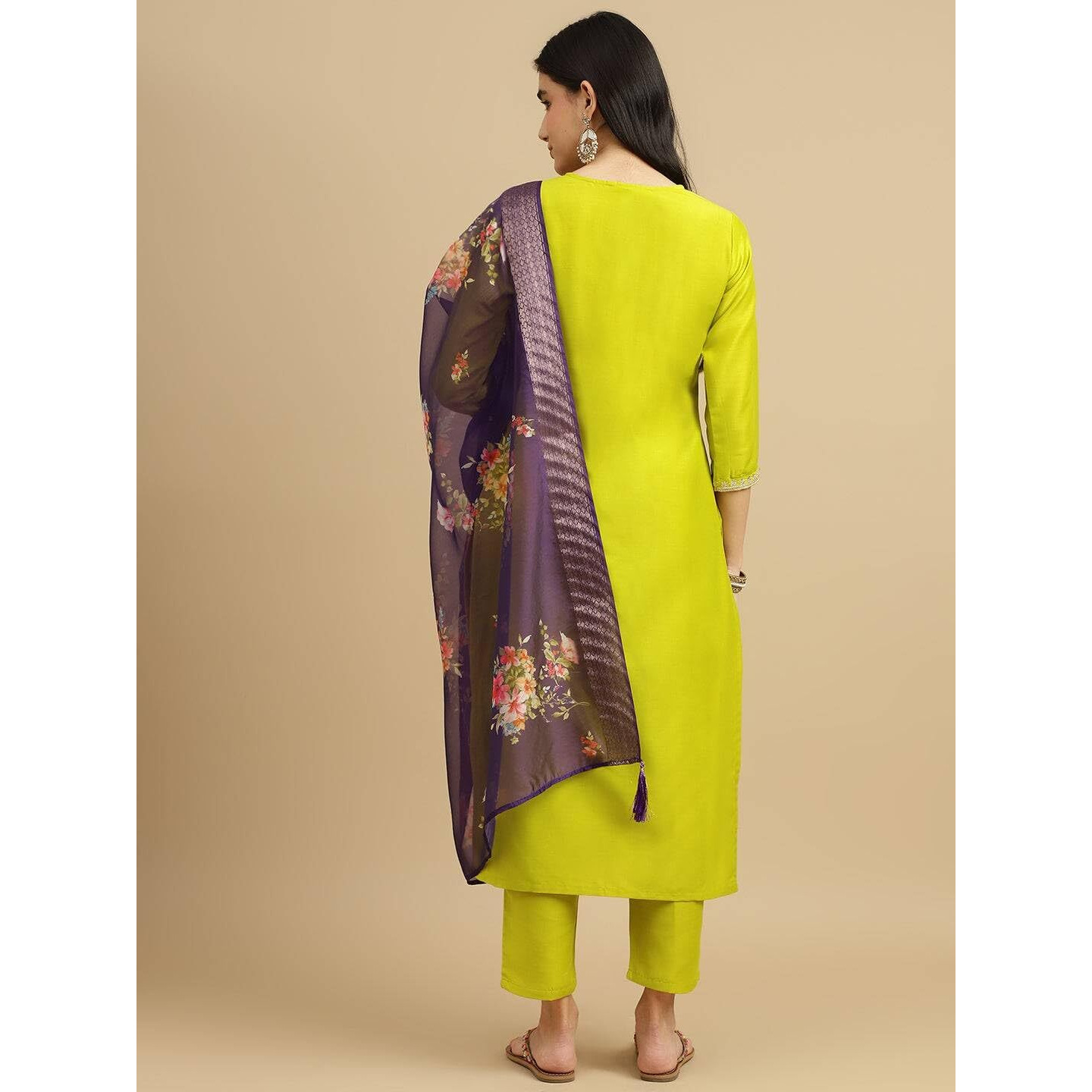 BHARVITA Women's Cotton Blend Embroidered Kurta Pant with Floral Digital Silk Prited Dupatta (in, Alpha, 3XL, Regular, Yellow)