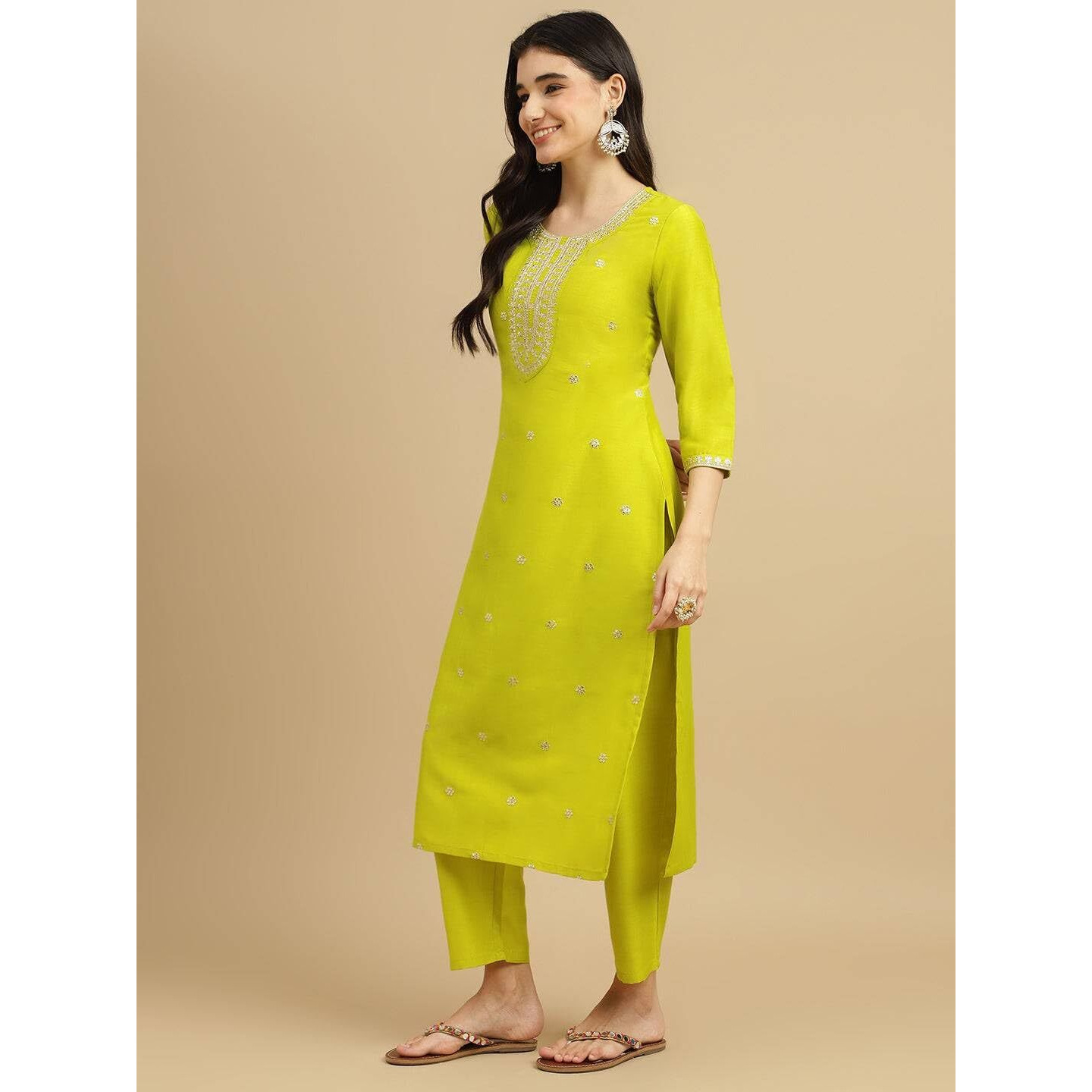 BHARVITA Women's Cotton Blend Embroidered Kurta Pant with Floral Digital Silk Prited Dupatta (in, Alpha, 3XL, Regular, Yellow)