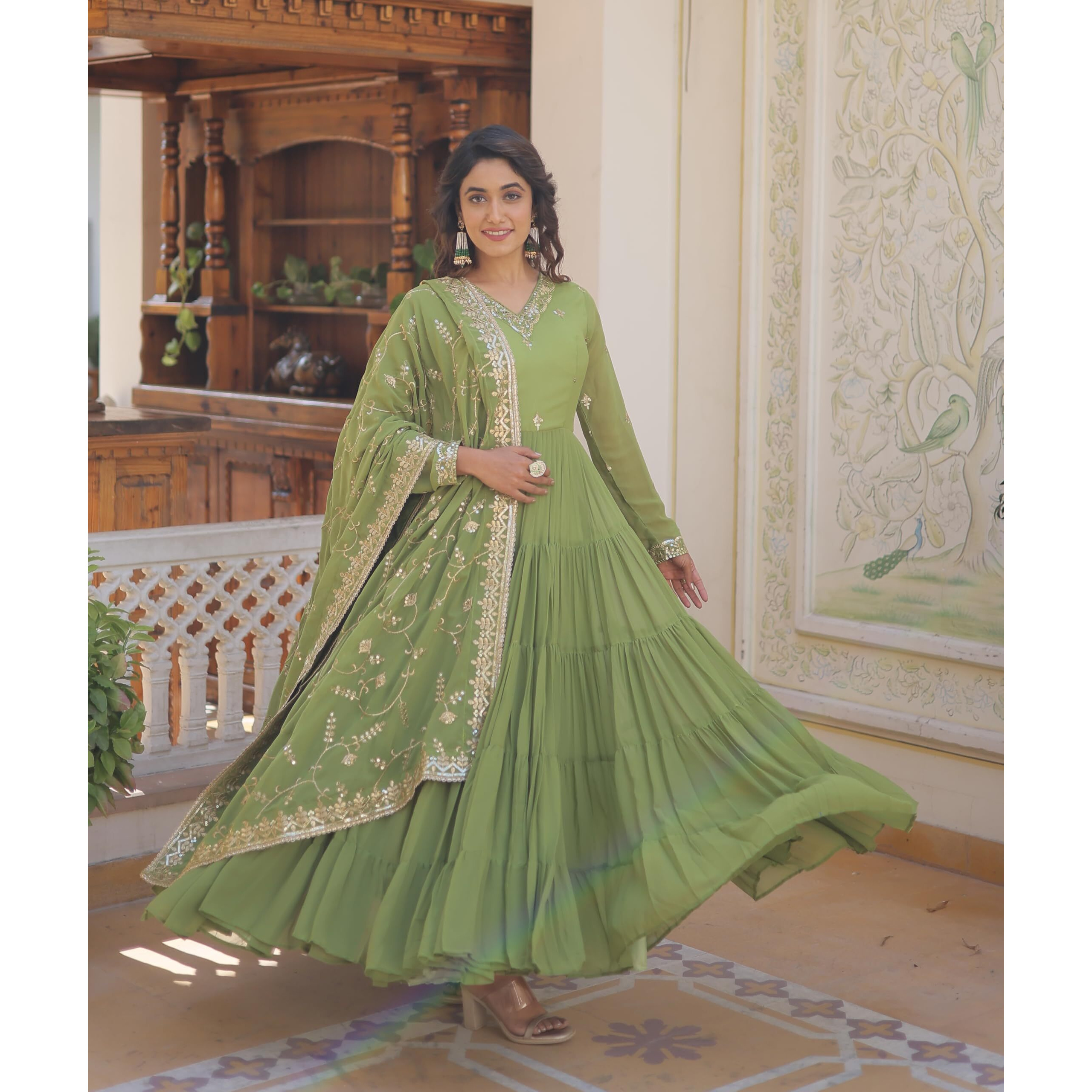 Wedani Georgette Embroidered Work Anarkali Kurta Set for Womens (in, Alpha, 2XL, Regular, Green)