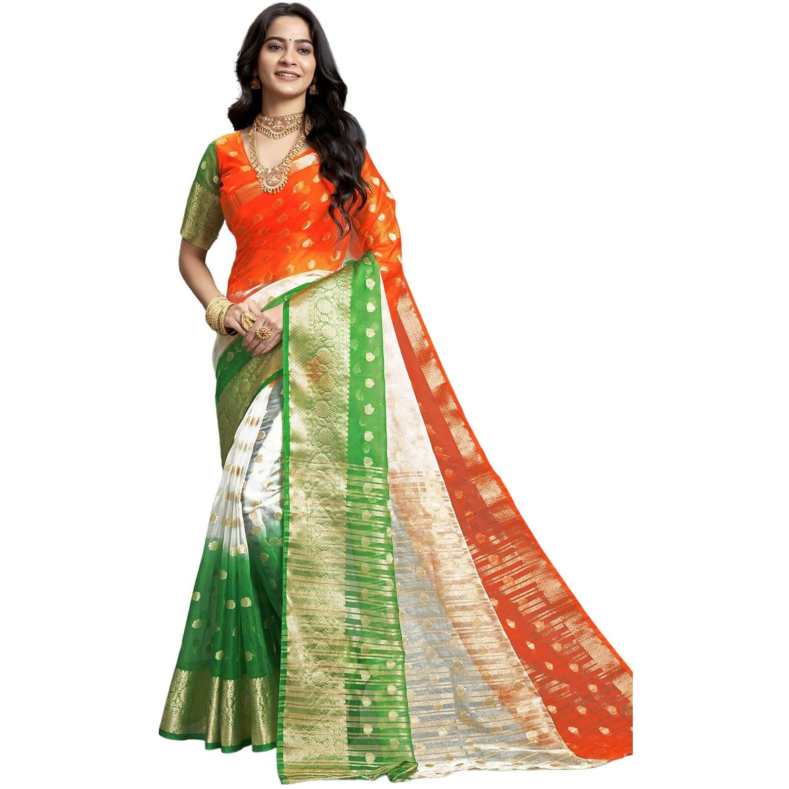 Satrani Women's Organza Jacquard Independence Day Special Tricolor Tiranga Saree with Unstitched Blouse Piece (3803S473NZ_Orange & White & Green7)