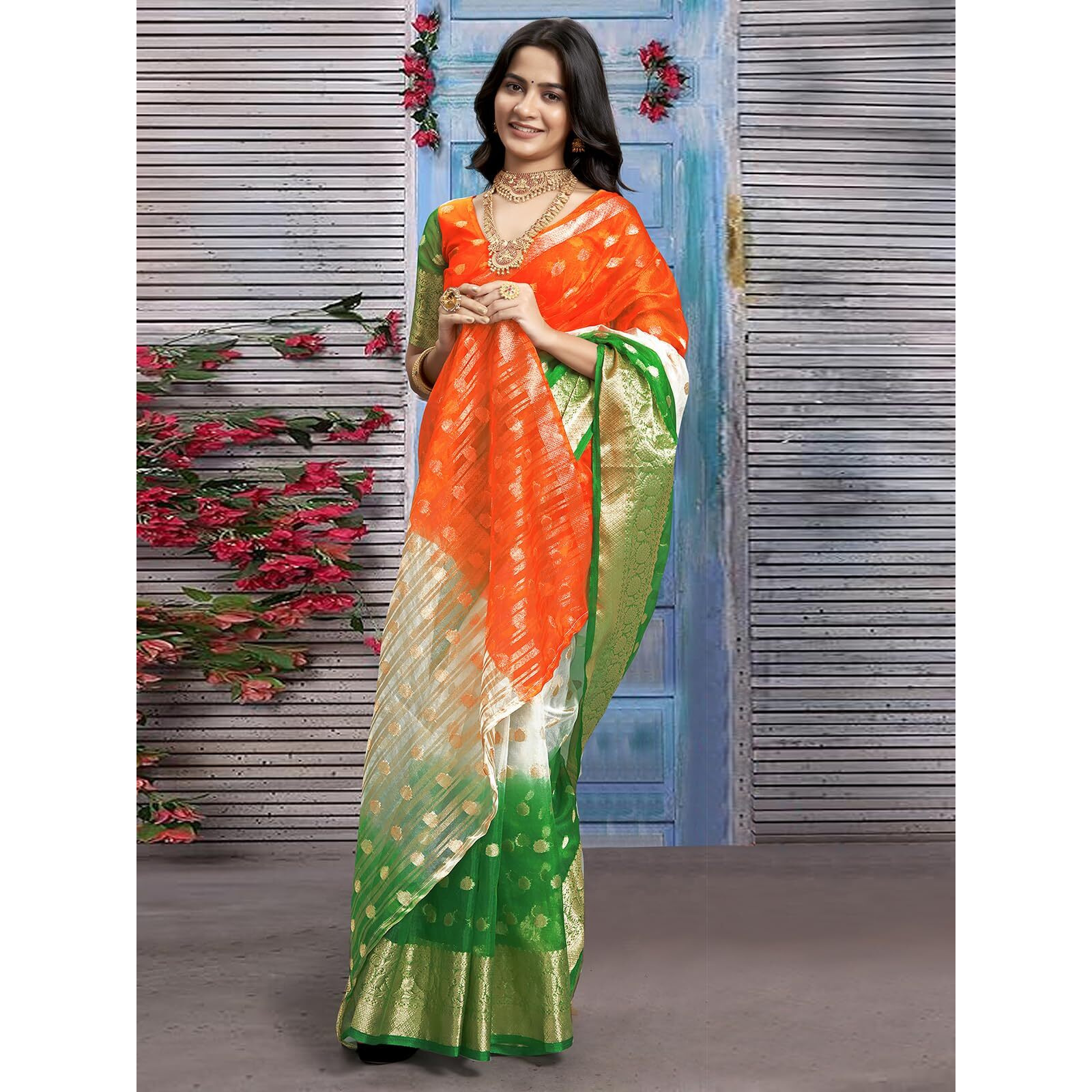 Satrani Women's Organza Jacquard Independence Day Special Tricolor Tiranga Saree with Unstitched Blouse Piece (3803S473NZ_Orange & White & Green7)
