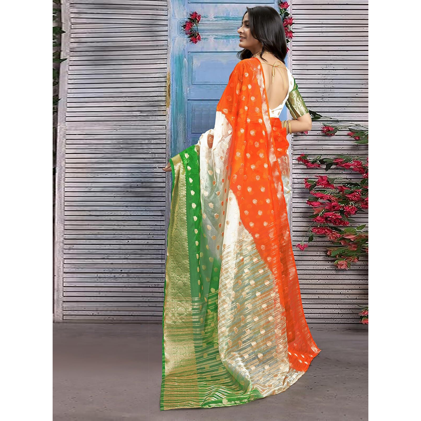 Satrani Women's Organza Jacquard Independence Day Special Tricolor Tiranga Saree with Unstitched Blouse Piece (3803S473NZ_Orange & White & Green7)