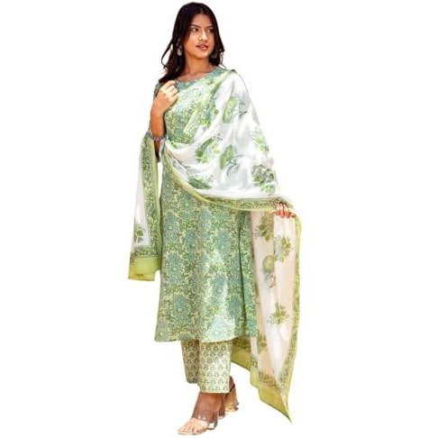 NAINVISH Women's Viscose Rayon Printed Straight Round Neck Kurta Pant with Dupatta (SD695_KBD-L_Green)
