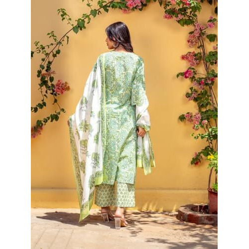 NAINVISH Women's Viscose Rayon Printed Straight Round Neck Kurta Pant with Dupatta (SD695_KBD-L_Green)