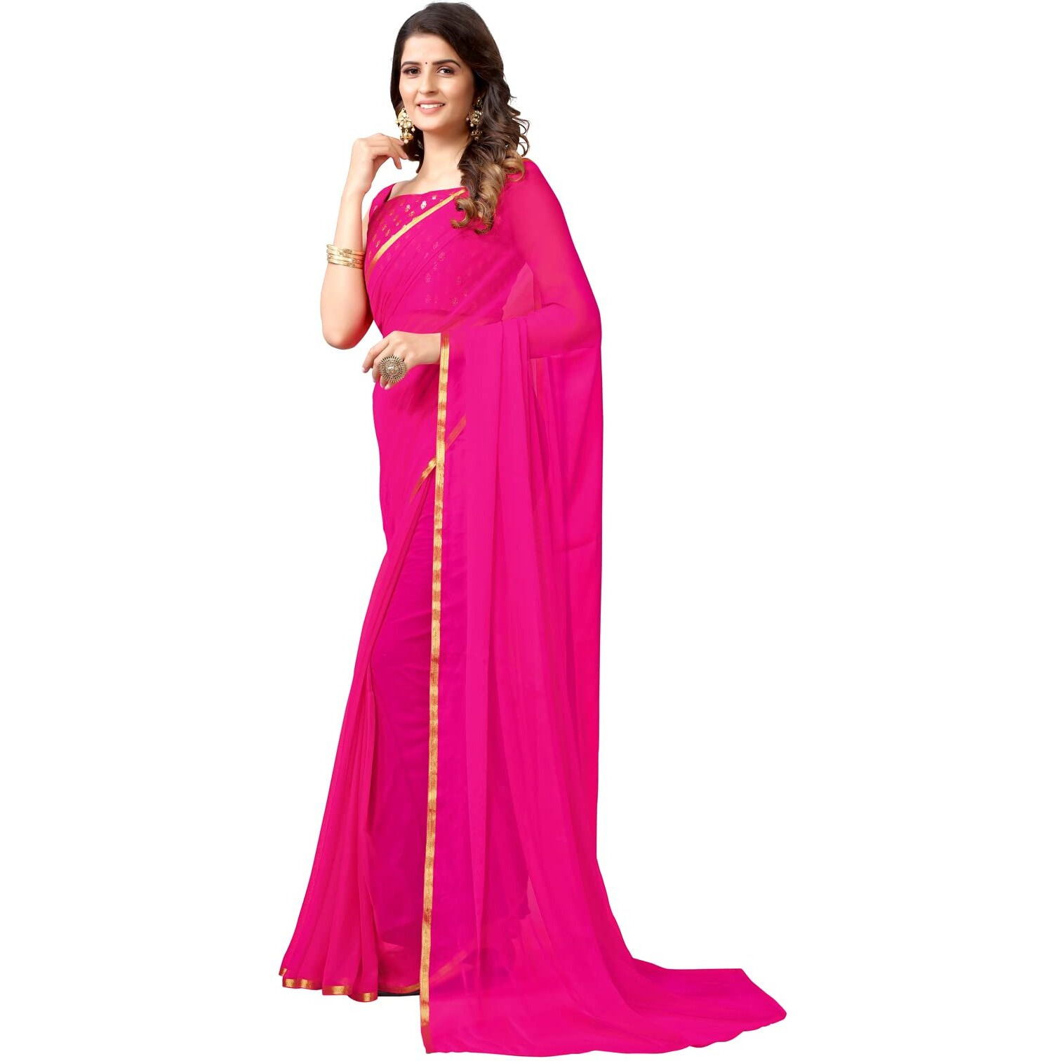 Satrani Women's Woven Jari Border Chiffon Saree with Unstitched Blouse Piece(2276SR146_Pink)