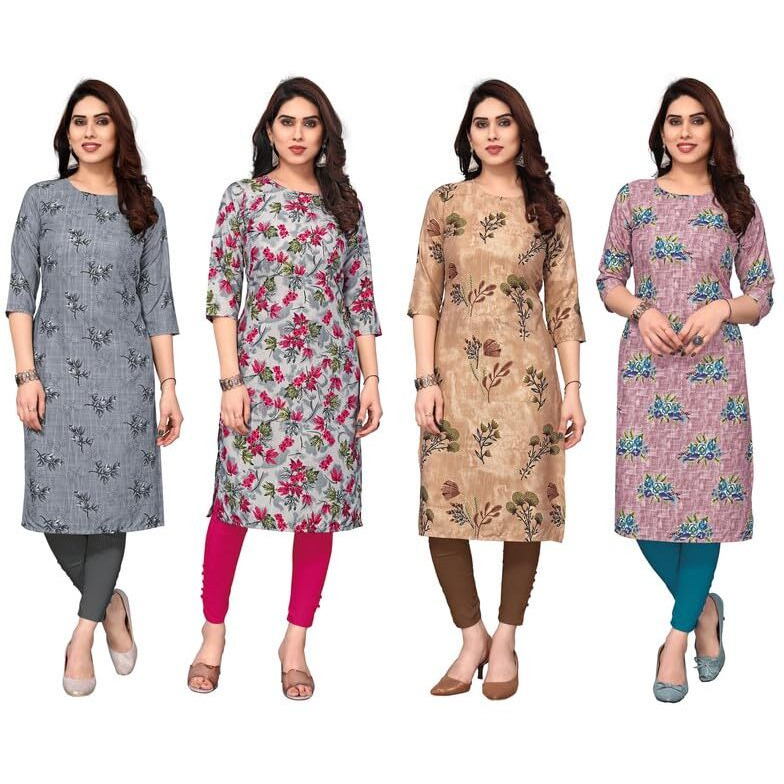 KHILORI Women's Printed Regular Kurta 4 Crepe Kurti 37-38-39-40 M_Multi