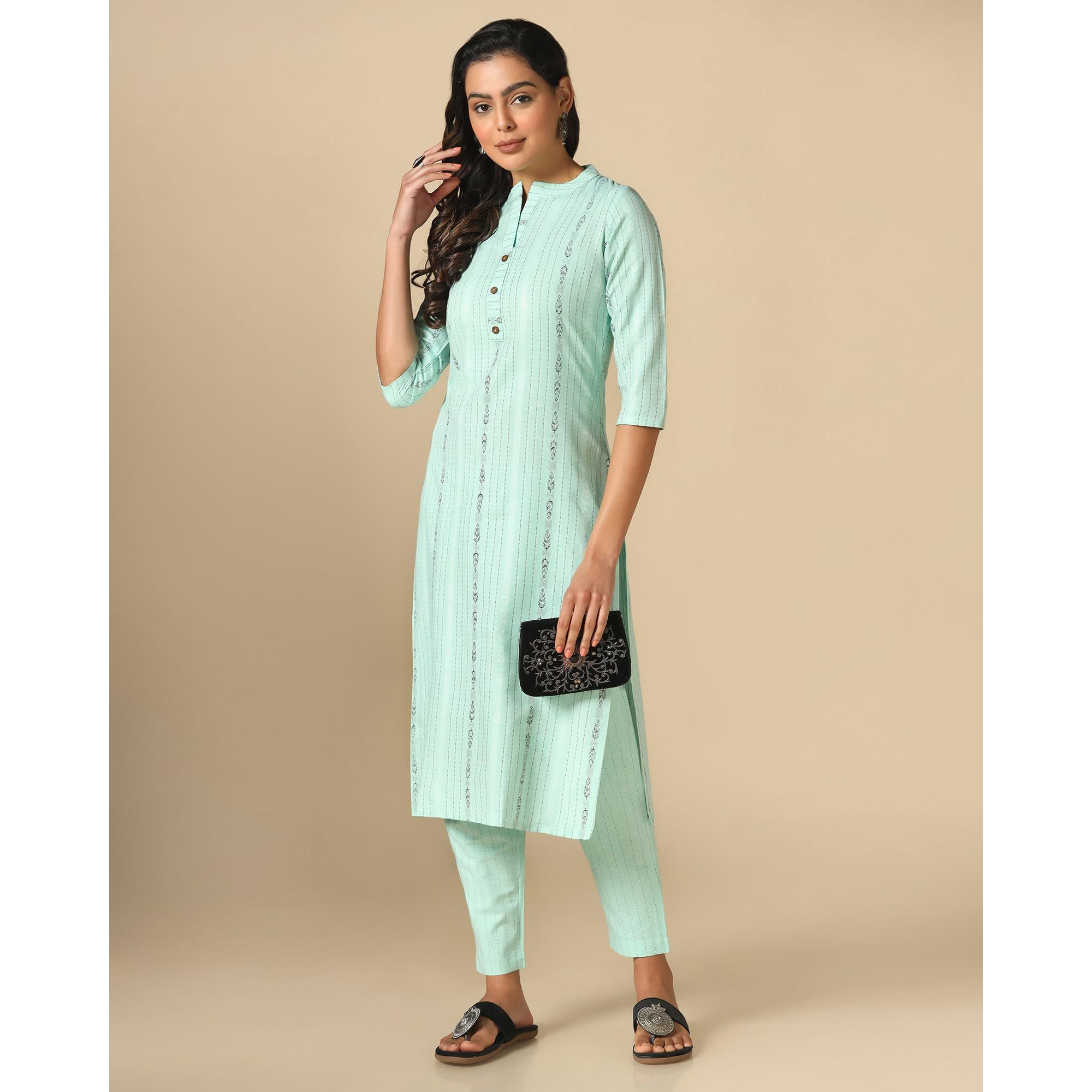 Hritika Woven Self Design Cotton Blend Turquoise Green Kurta & Trousers Set_(HRKB0053TQGRN_XXL)
