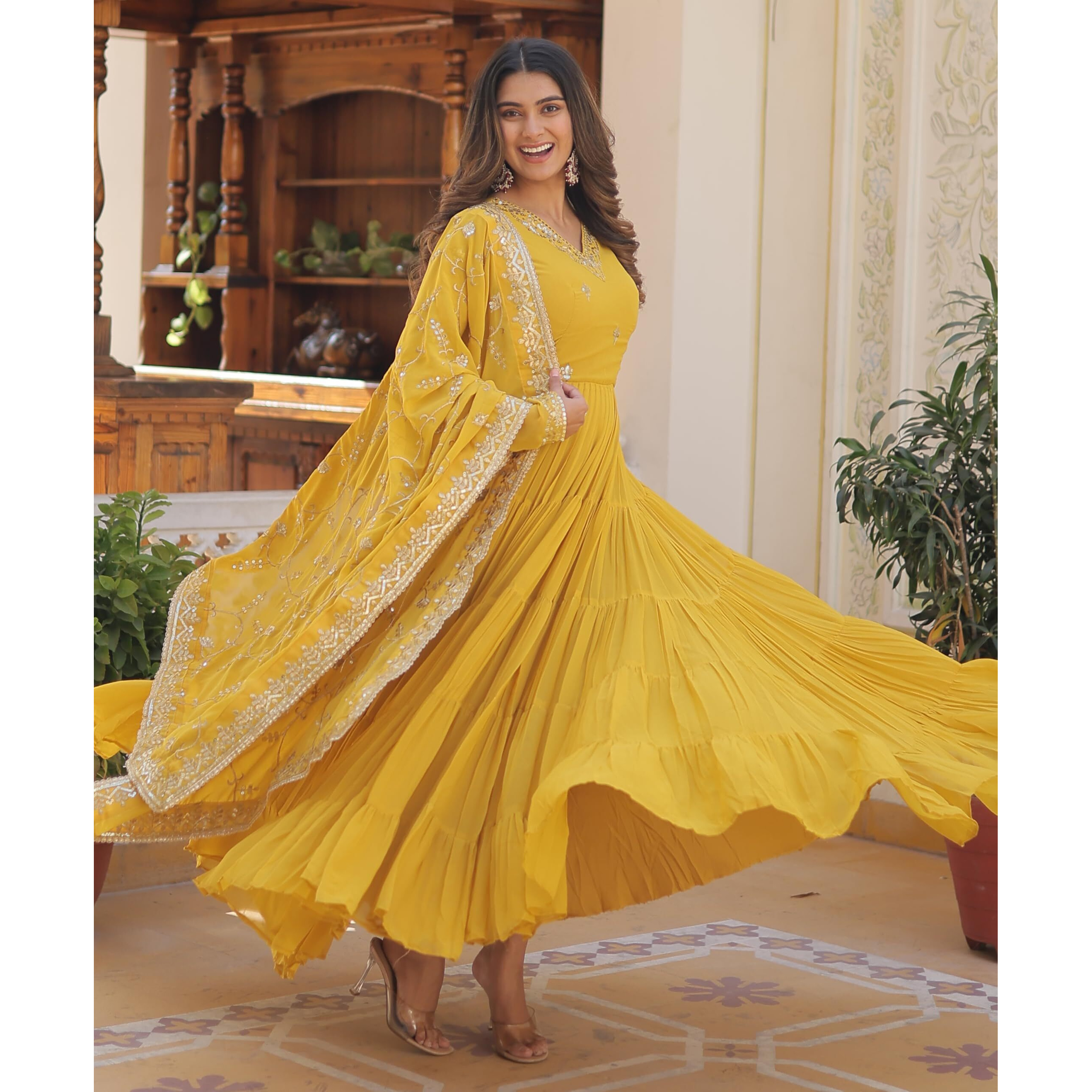 Wedani Georgette Embroidered Work Anarkali Kurta Set for Womens (in, Alpha, 2XL, Regular, Yellow)