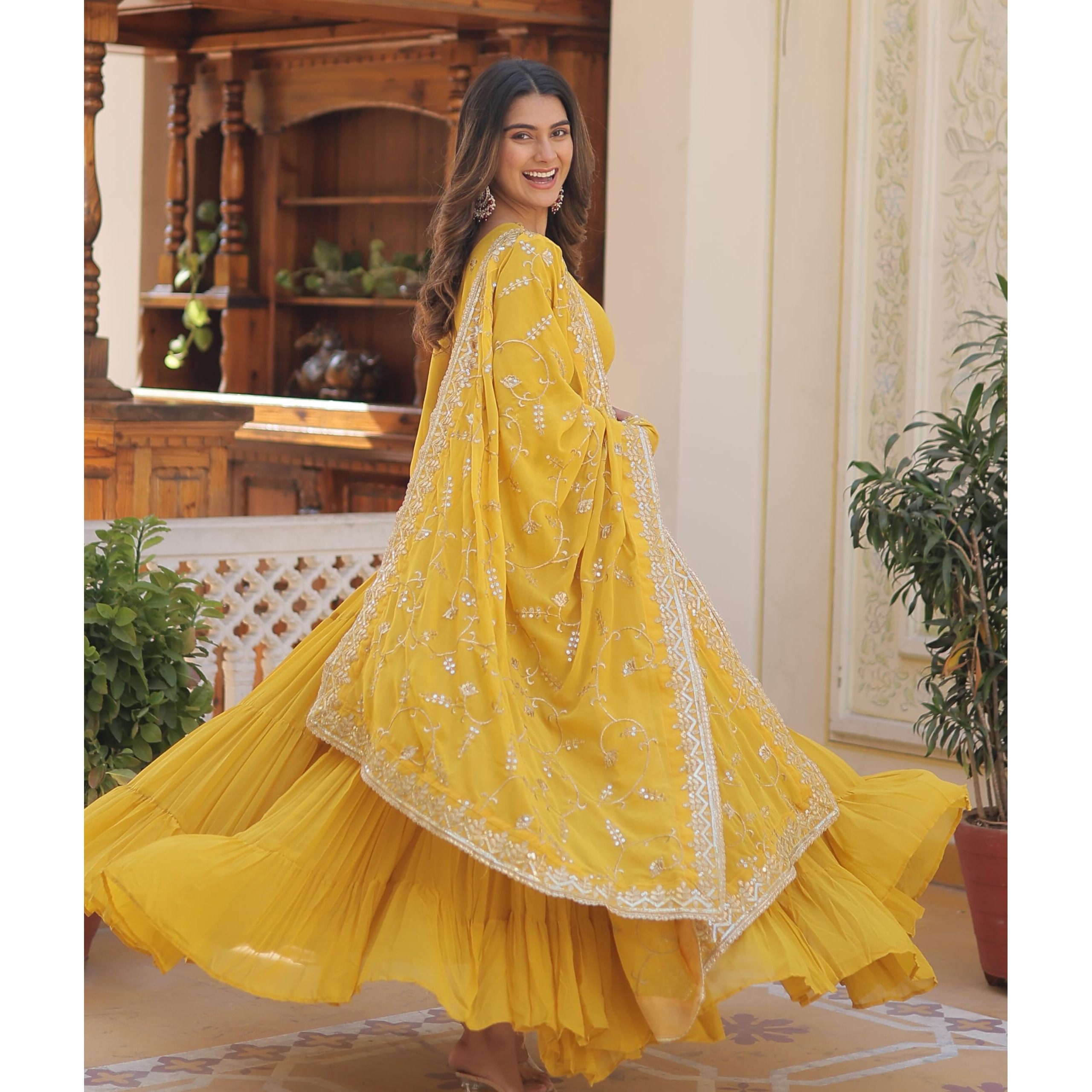 Wedani Georgette Embroidered Work Anarkali Kurta Set for Womens (in, Alpha, 2XL, Regular, Yellow)