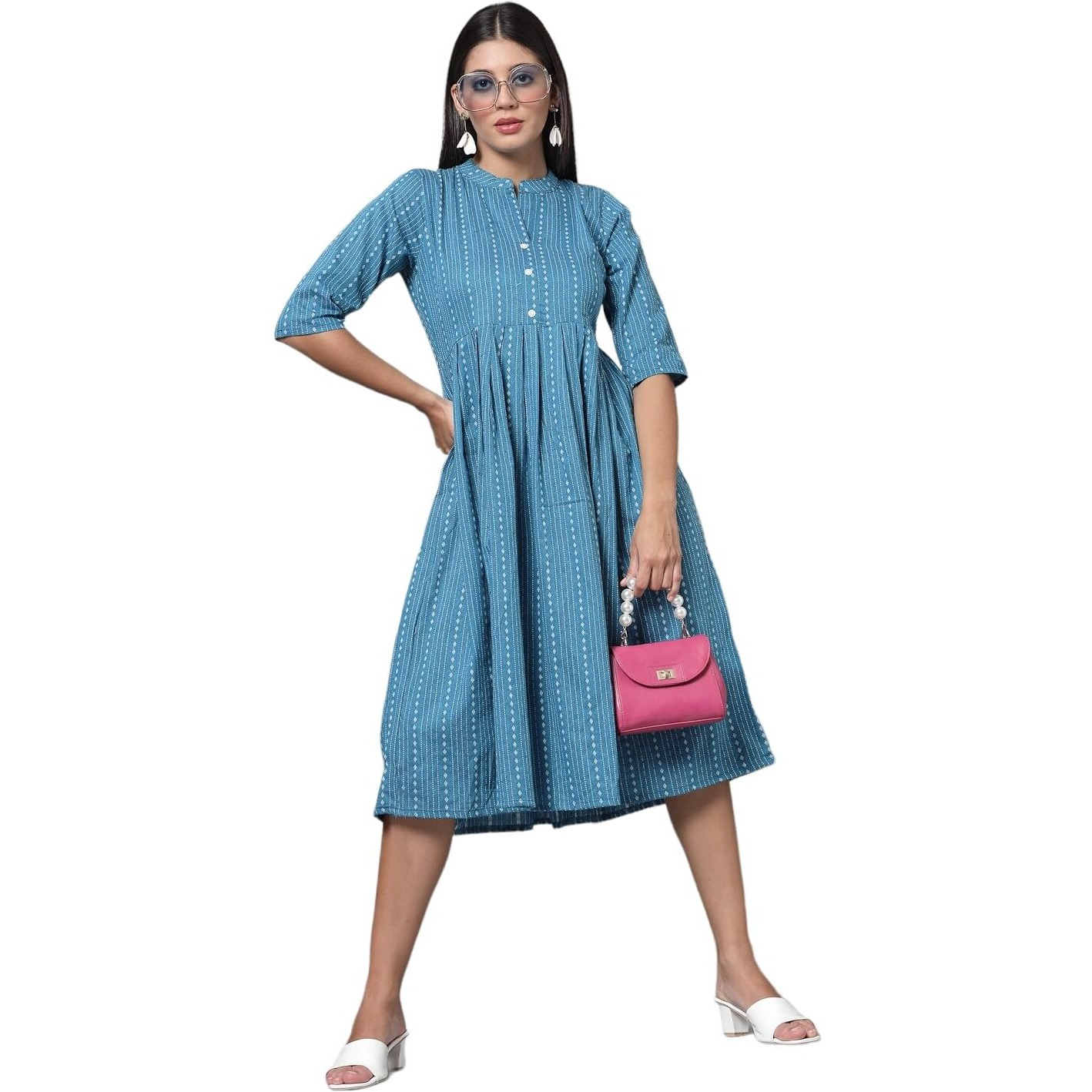 VINCHIC Anarkali Pure Cotton Stripes Kurti|Kurti for Women||Bollywood KurtiKurta Blue