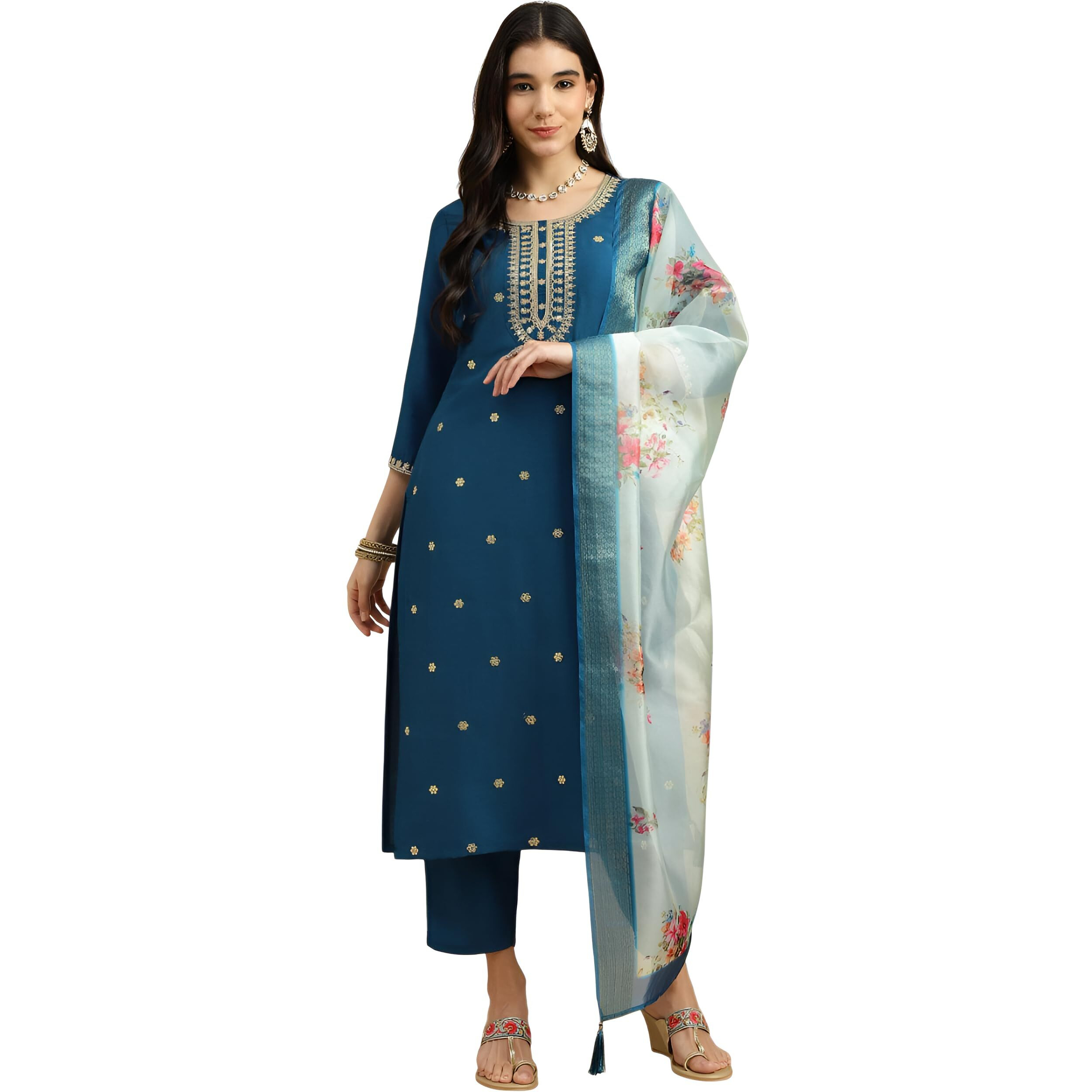BHARVITA Women's Cotton Blend Embroidered Kurta Pant with Floral Digital Silk Prited Dupatta (in, Alpha, S, Regular, Blue)