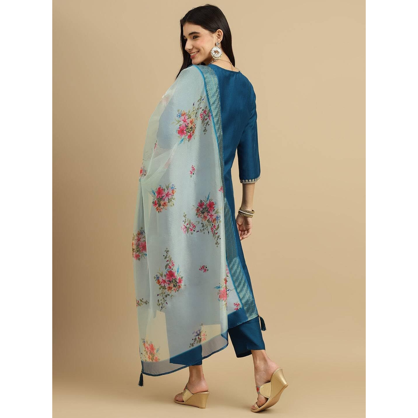 BHARVITA Women's Cotton Blend Embroidered Kurta Pant with Floral Digital Silk Prited Dupatta (in, Alpha, S, Regular, Blue)