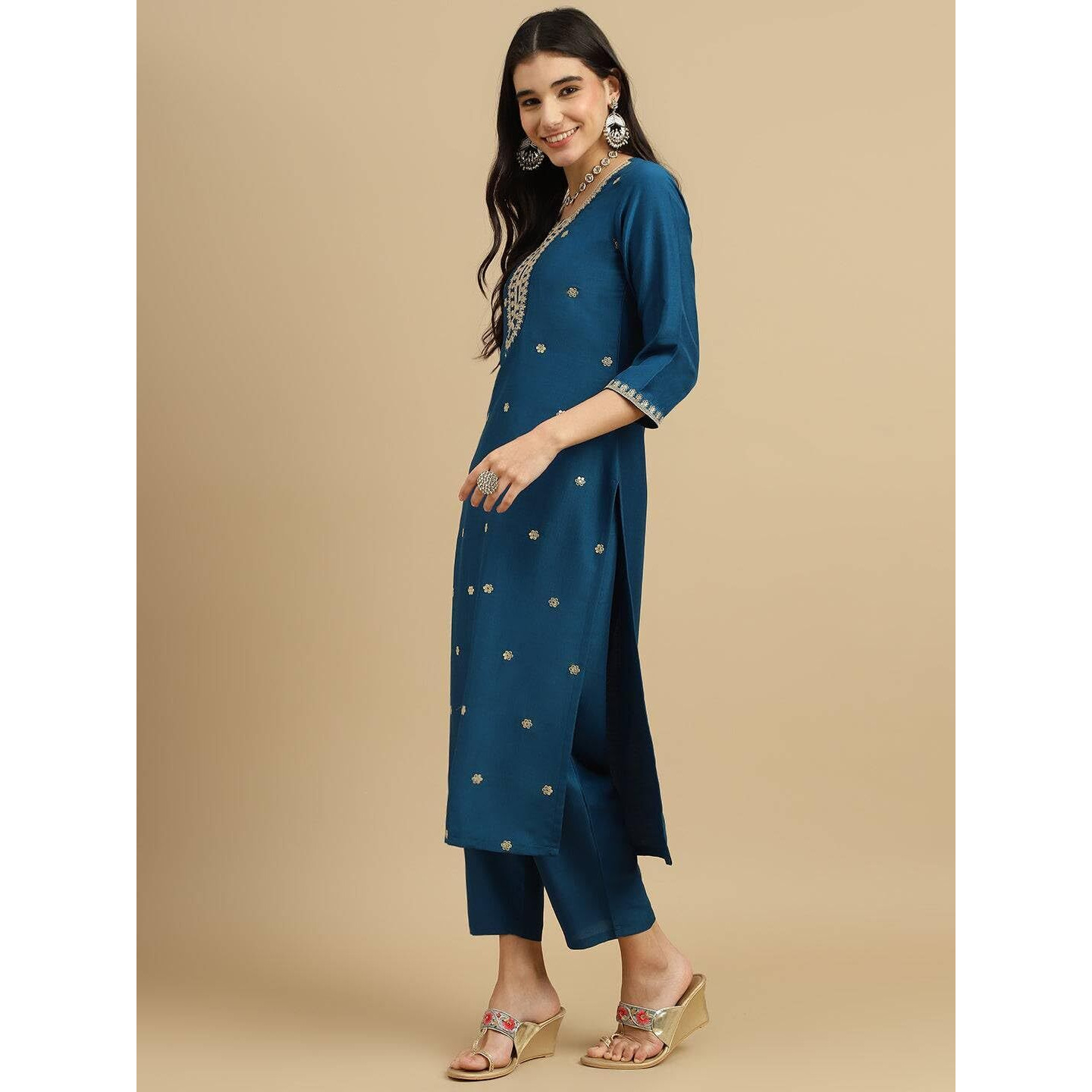 BHARVITA Women's Cotton Blend Embroidered Kurta Pant with Floral Digital Silk Prited Dupatta (in, Alpha, S, Regular, Blue)
