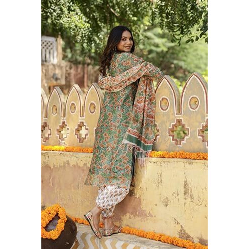 Yashika Women's Cotton Blend Floral Regular Kurta Where Meets Trend Stay Fashion-Forward Yet Rooted in Tradition with Our Stylish Ethnic Sets (AZ-YS-OG-KS2137-Parent_Green_M)