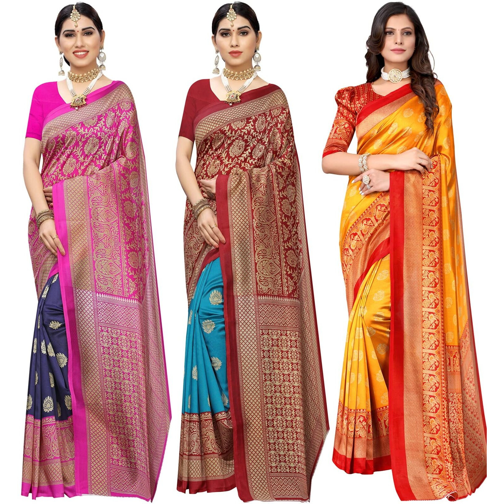 Yashika Women's Combo Art Silk Saree with Blouse Piece-Pack of 3 Navy-Metro RAMA-MINALI Mustard Multicolor-10