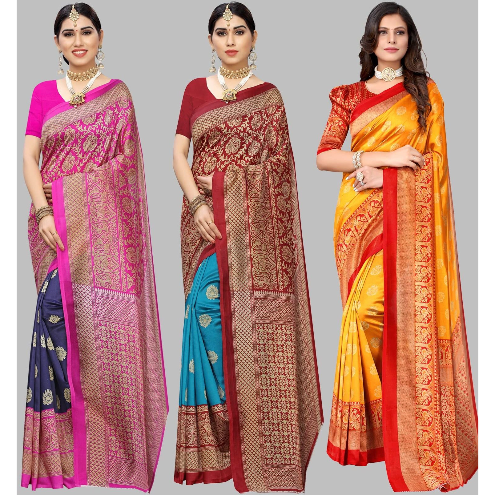 Yashika Women's Combo Art Silk Saree with Blouse Piece-Pack of 3 Navy-Metro RAMA-MINALI Mustard Multicolor-10