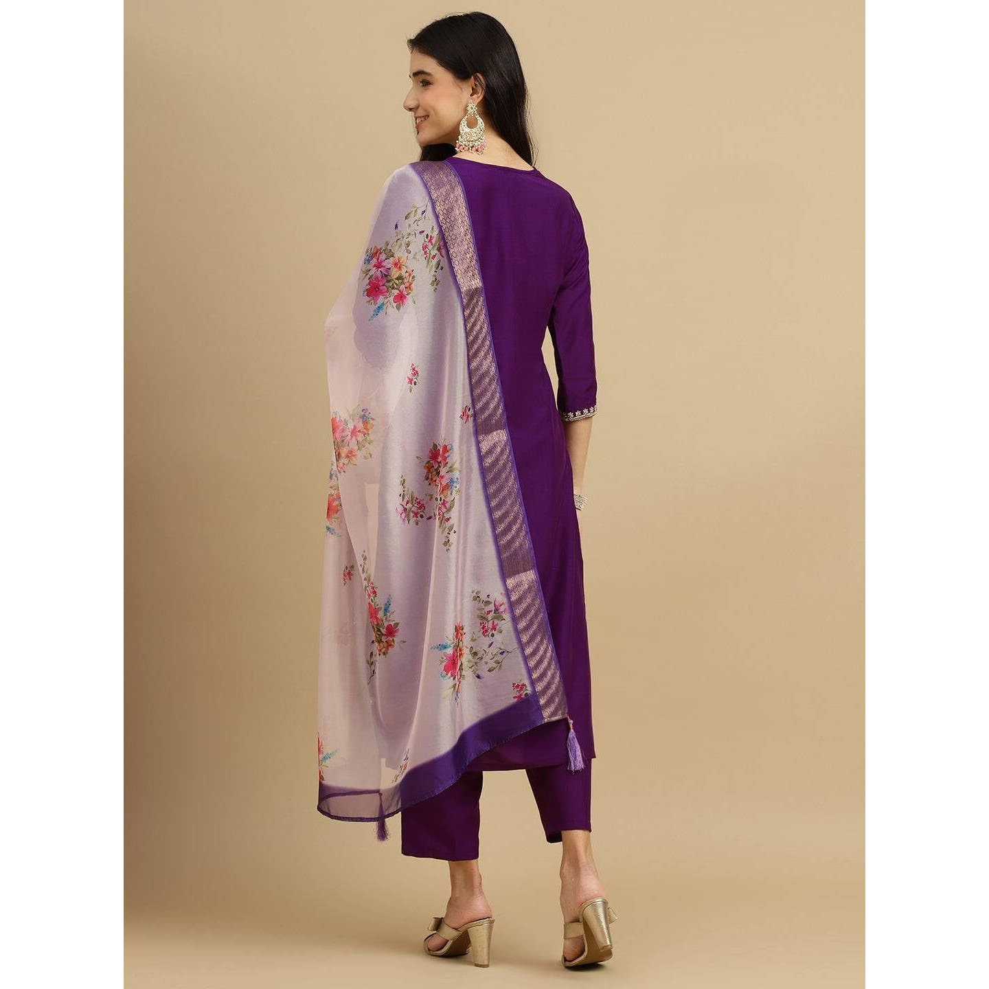 BHARVITA Women's Cotton Blend Embroidered Kurta Pant with Floral Digital Silk Prited Dupatta (in, Alpha, 2XL, Regular, Purple)