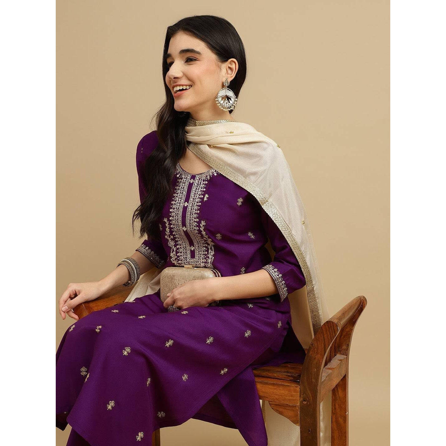BHARVITA Women's Cotton Blend Embroidered Kurta Pant with Floral Digital Silk Prited Dupatta (in, Alpha, 2XL, Regular, Purple)