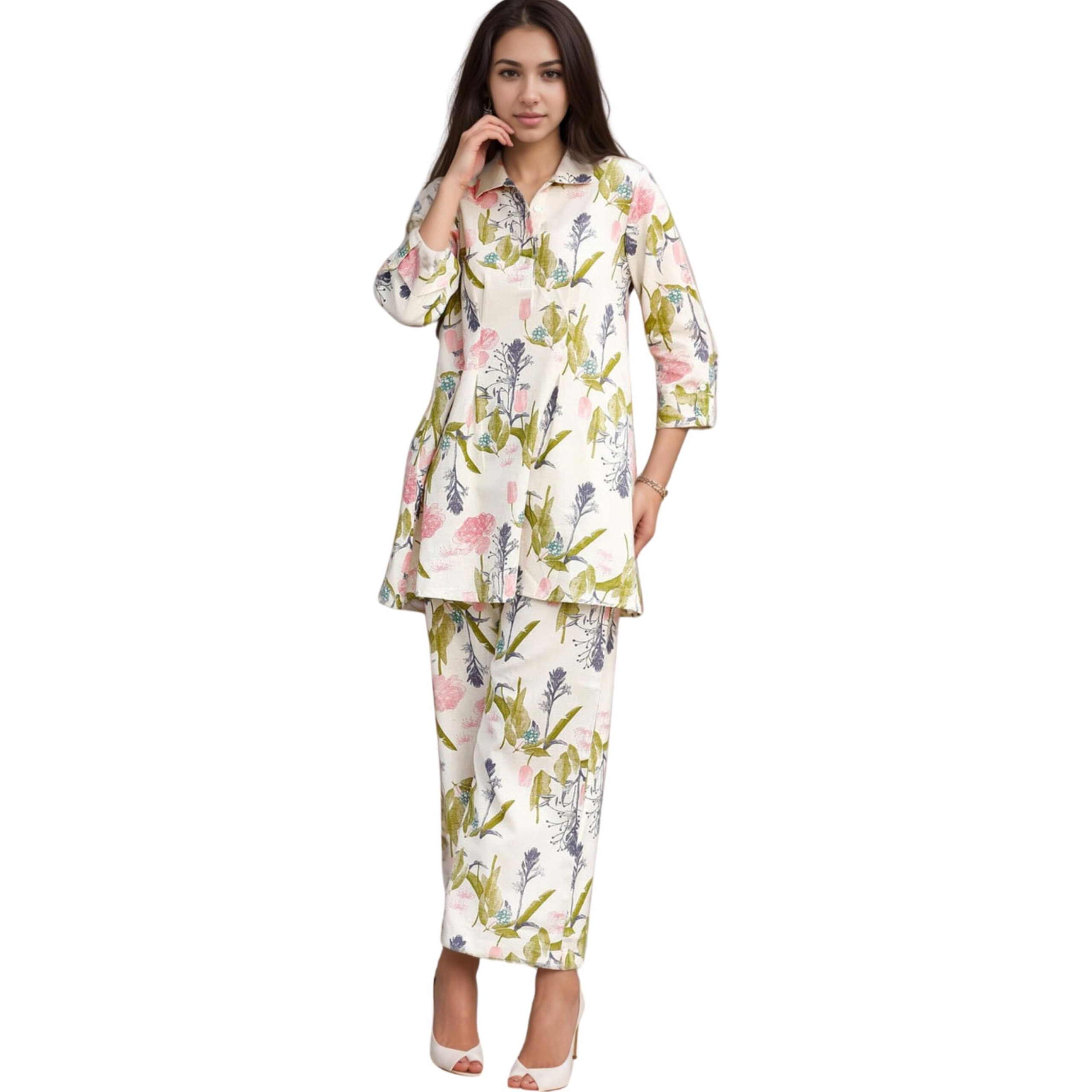 SMOWKLY Women's Printed Rayon Slub Mid Thighs Short Kurti With Relaxed Fit Pant Sylish Co-Ords Set || Trendy 3/4 Sleeve Kurta & Palazzo Cord Pair (White-Small)