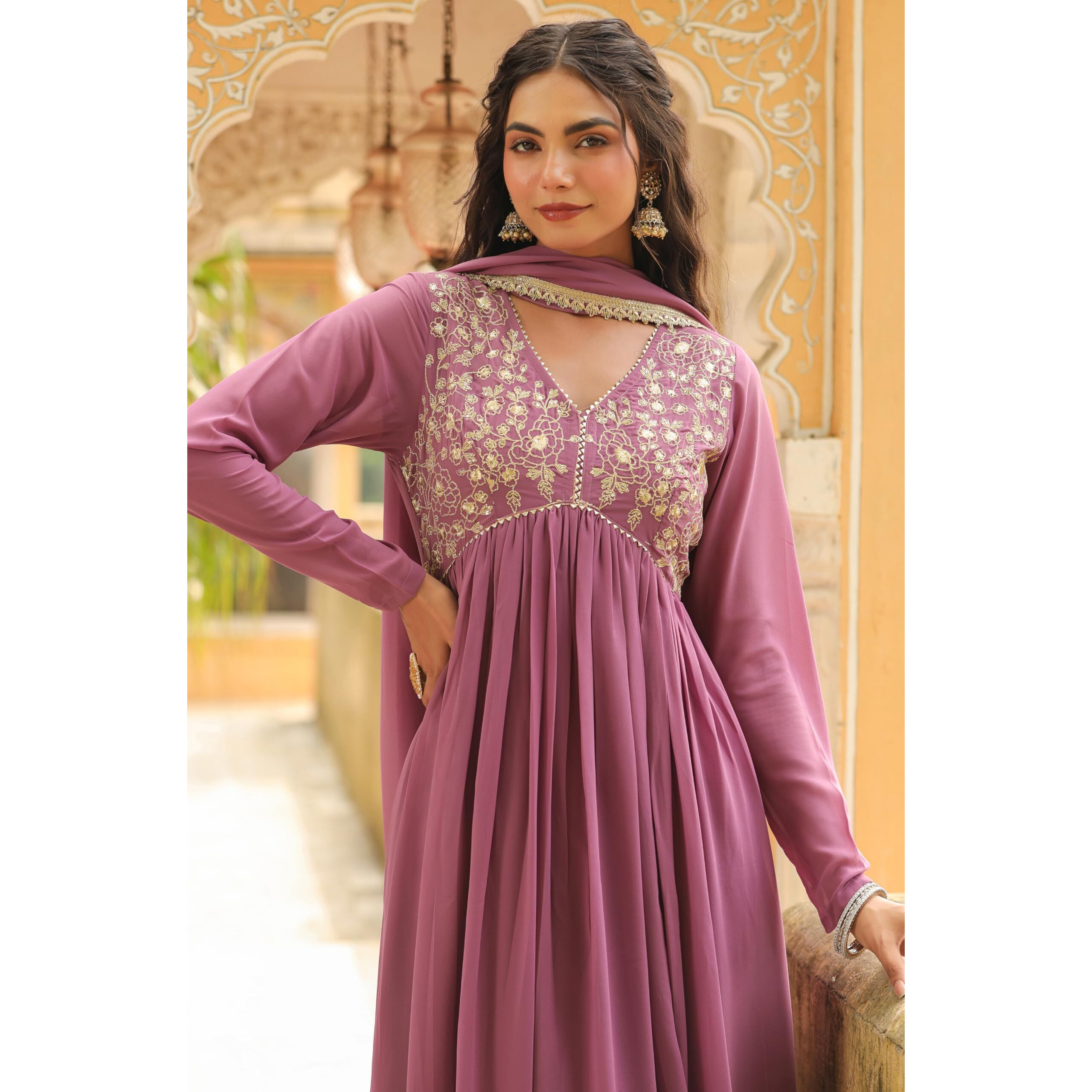 Janasya Women's Lavender Georgette Yoke Embroidered A-Line Kurta Set (JAB24ST00548-A-M)