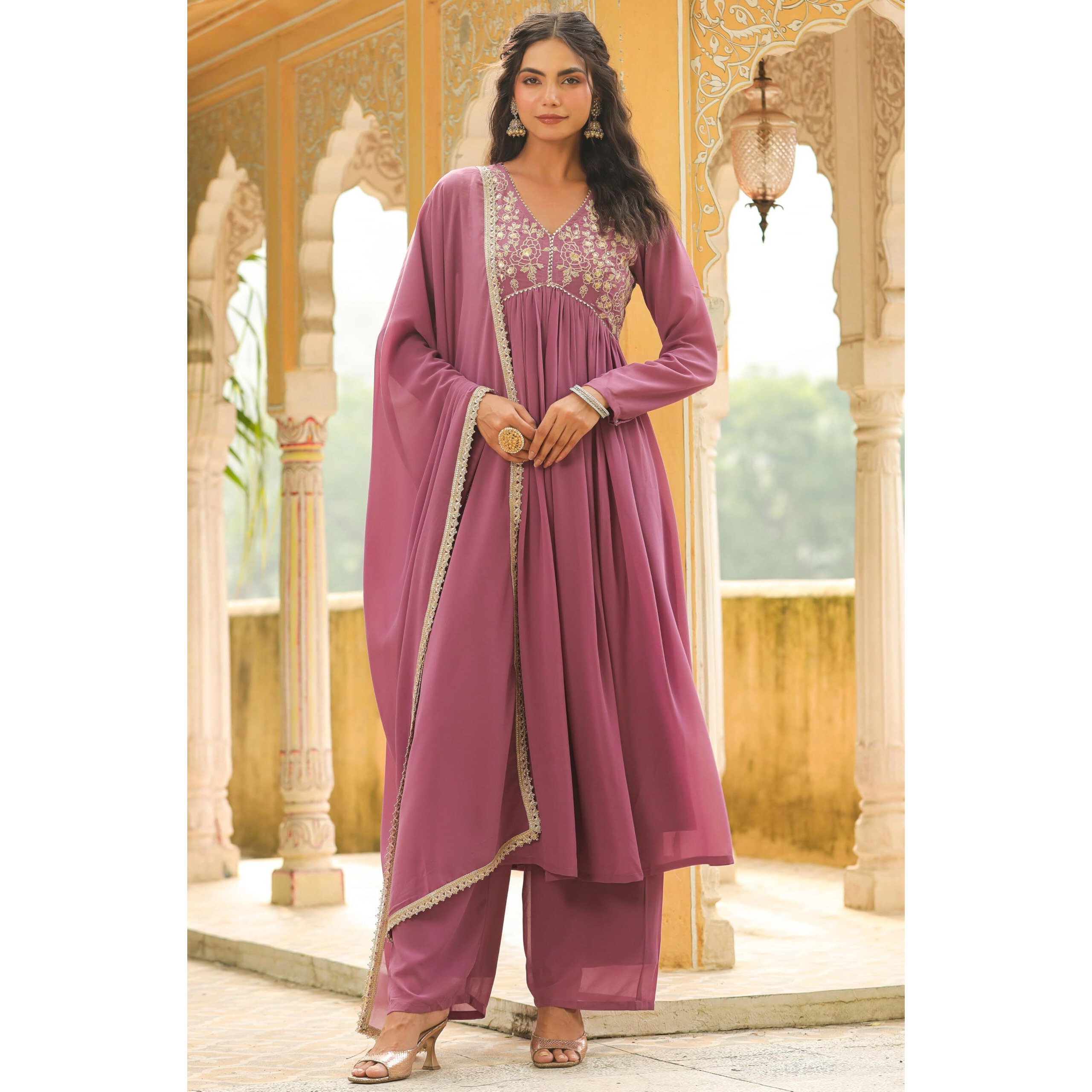 Janasya Women's Lavender Georgette Yoke Embroidered A-Line Kurta Set (JAB24ST00548-A-M)