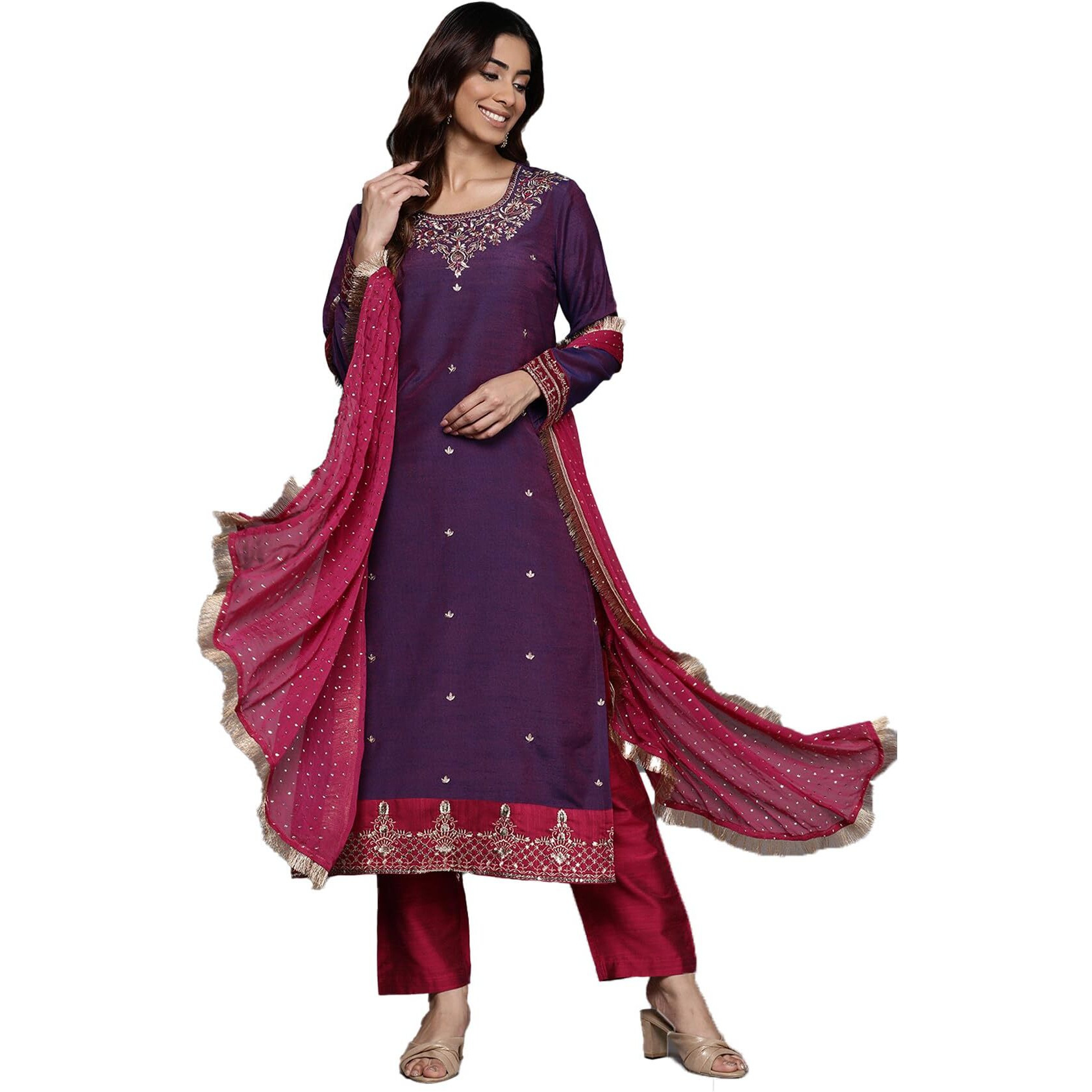 Varanga Women Purple Placement Design Embroidered Straight Kurta Paired With Contrast Bottom And Chiffon Dotted Dupatta With Four Side Fringes