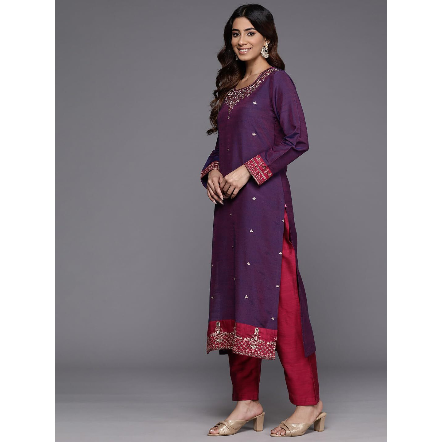 Varanga Women Purple Placement Design Embroidered Straight Kurta Paired With Contrast Bottom And Chiffon Dotted Dupatta With Four Side Fringes
