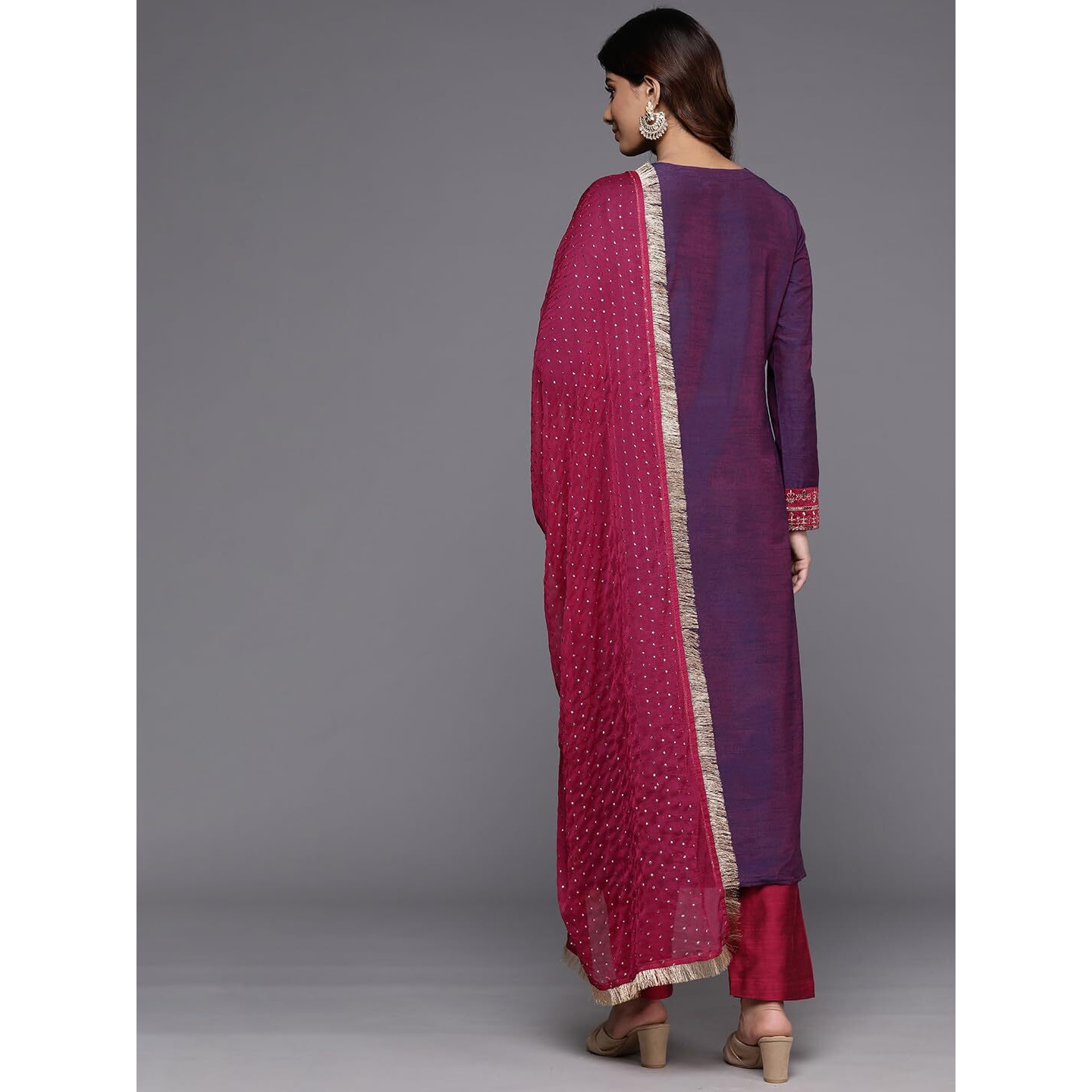 Varanga Women Purple Placement Design Embroidered Straight Kurta Paired With Contrast Bottom And Chiffon Dotted Dupatta With Four Side Fringes