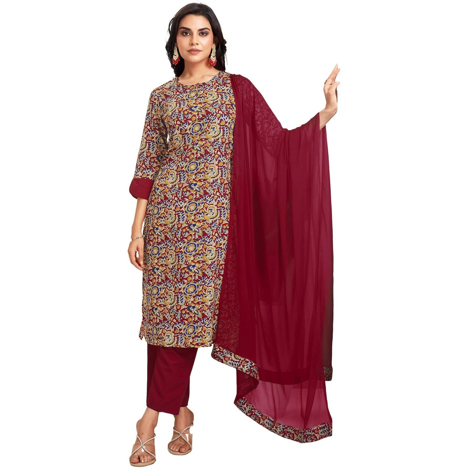 Sanisa Women's Crepe Printed Straight Kurta with Pant and Dupatta Set (175KBD1871N-L_Red & Blue and Multi)