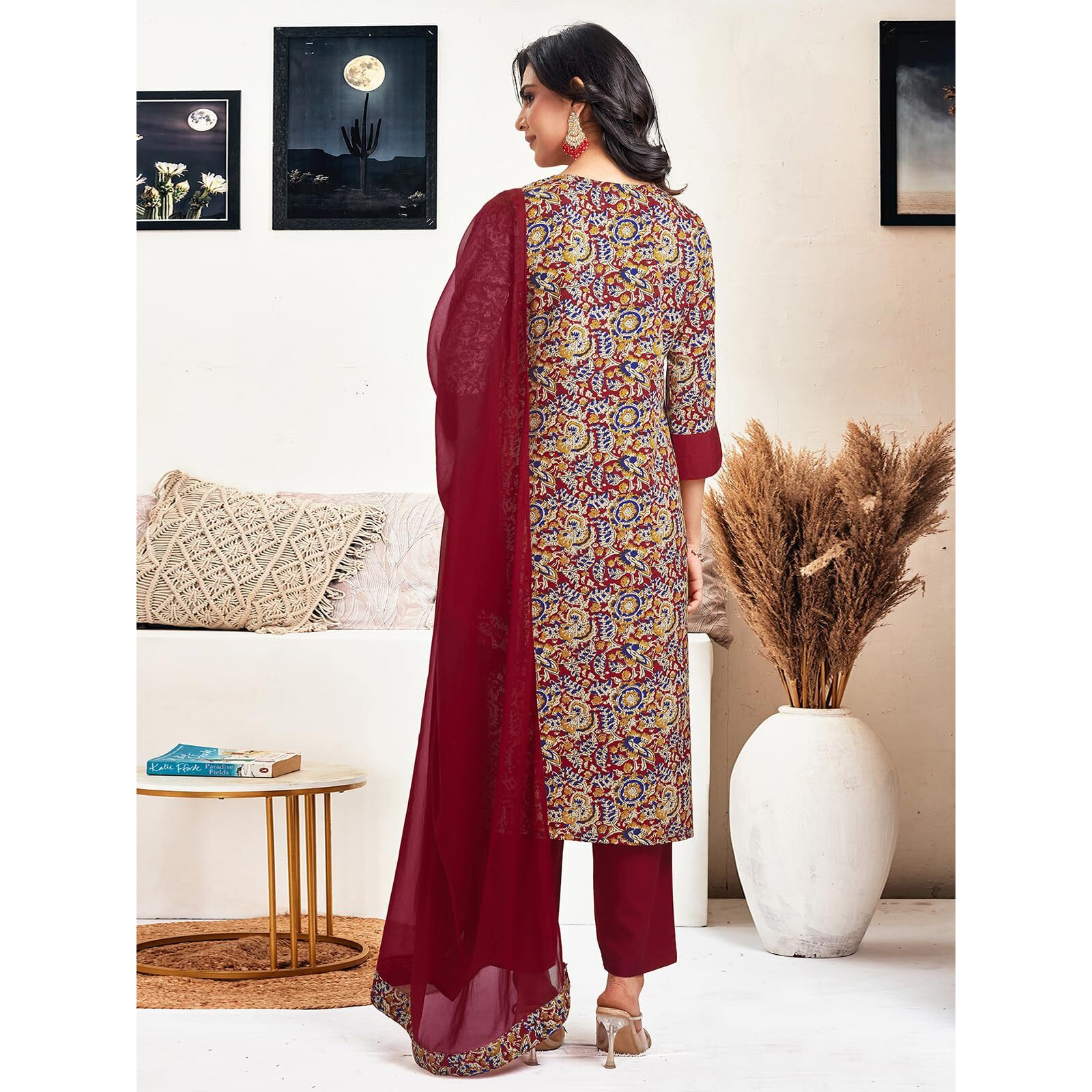 Sanisa Women's Crepe Printed Straight Kurta with Pant and Dupatta Set (175KBD1871N-L_Red & Blue and Multi)