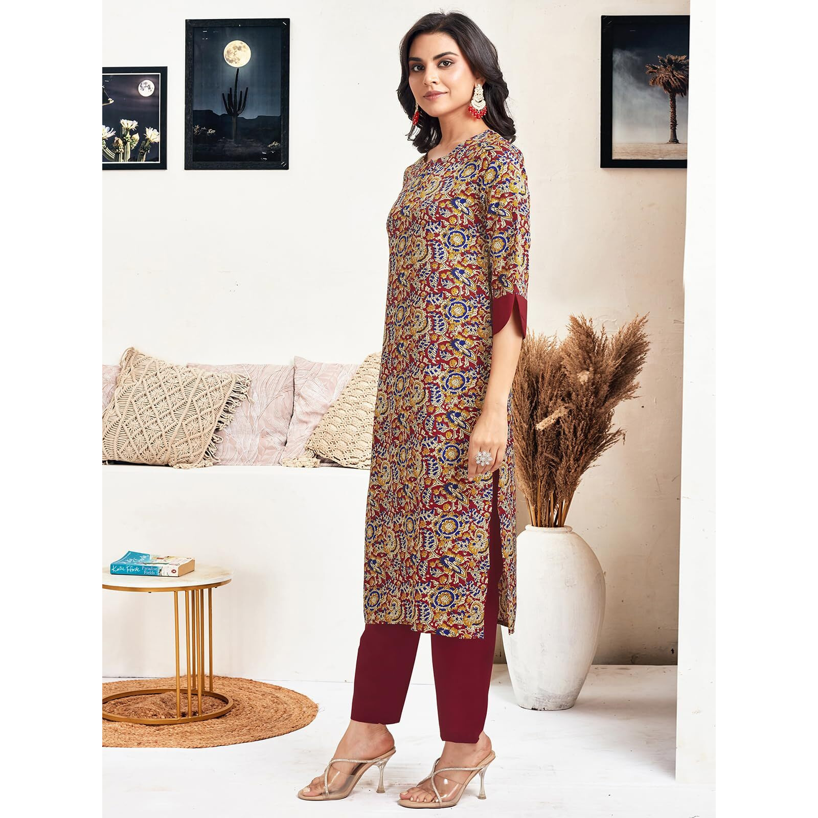 Sanisa Women's Crepe Printed Straight Kurta with Pant and Dupatta Set (175KBD1871N-L_Red & Blue and Multi)