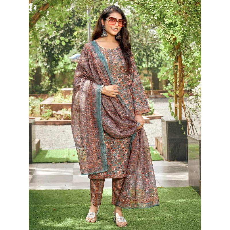 NAINVISH Women's Viscose Rayon Printed Straight Round Neck Kurta Pant with Dupatta (SD706_KBD-L_Brown)