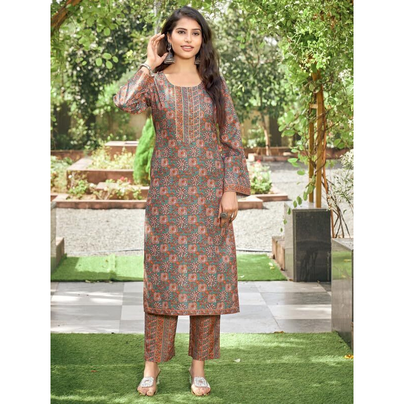 NAINVISH Women's Viscose Rayon Printed Straight Round Neck Kurta Pant with Dupatta (SD706_KBD-L_Brown)