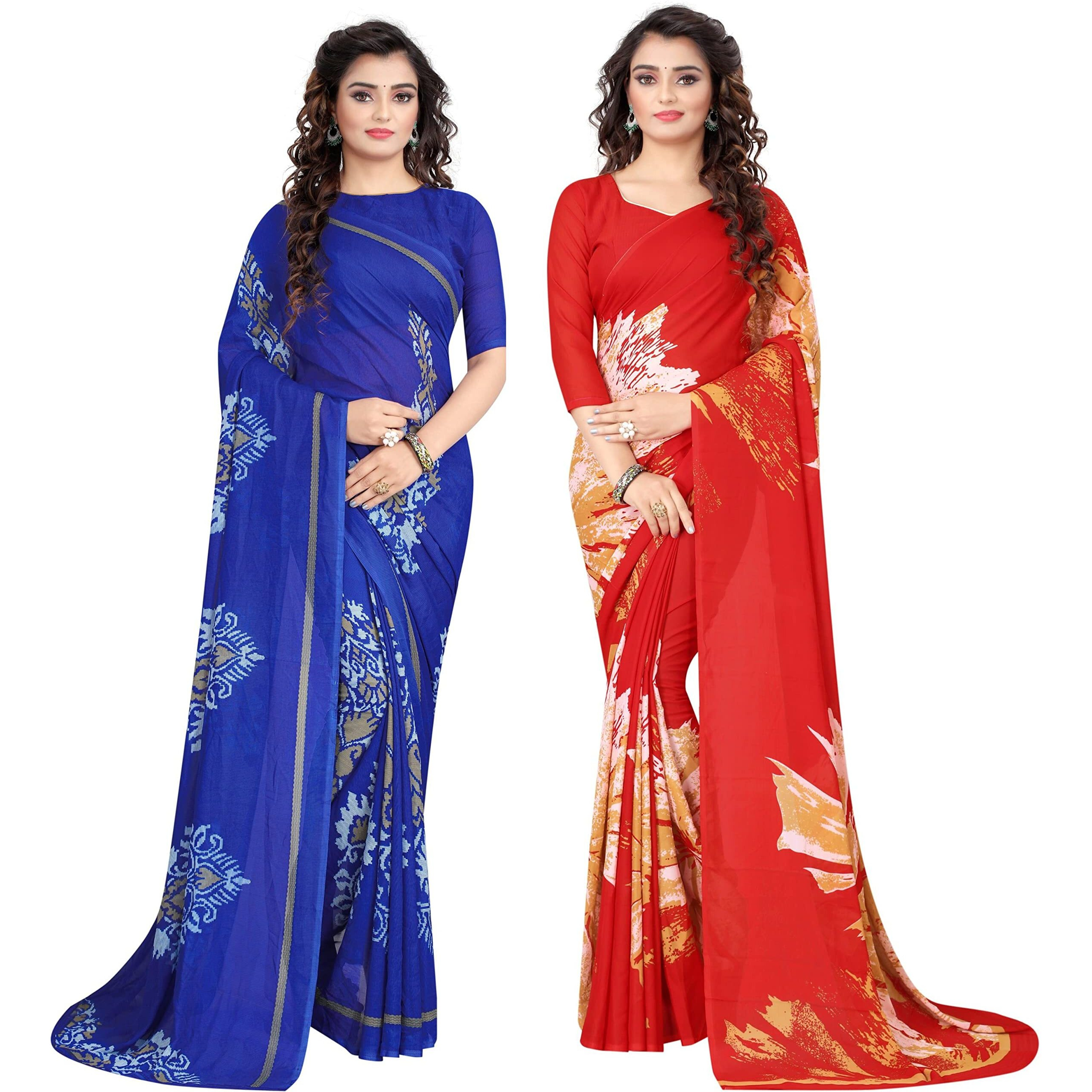 Yashika Womens Georgette Saree With Blouse Piece(FLYING NAVY_MULTI RED_Pack Of-2)