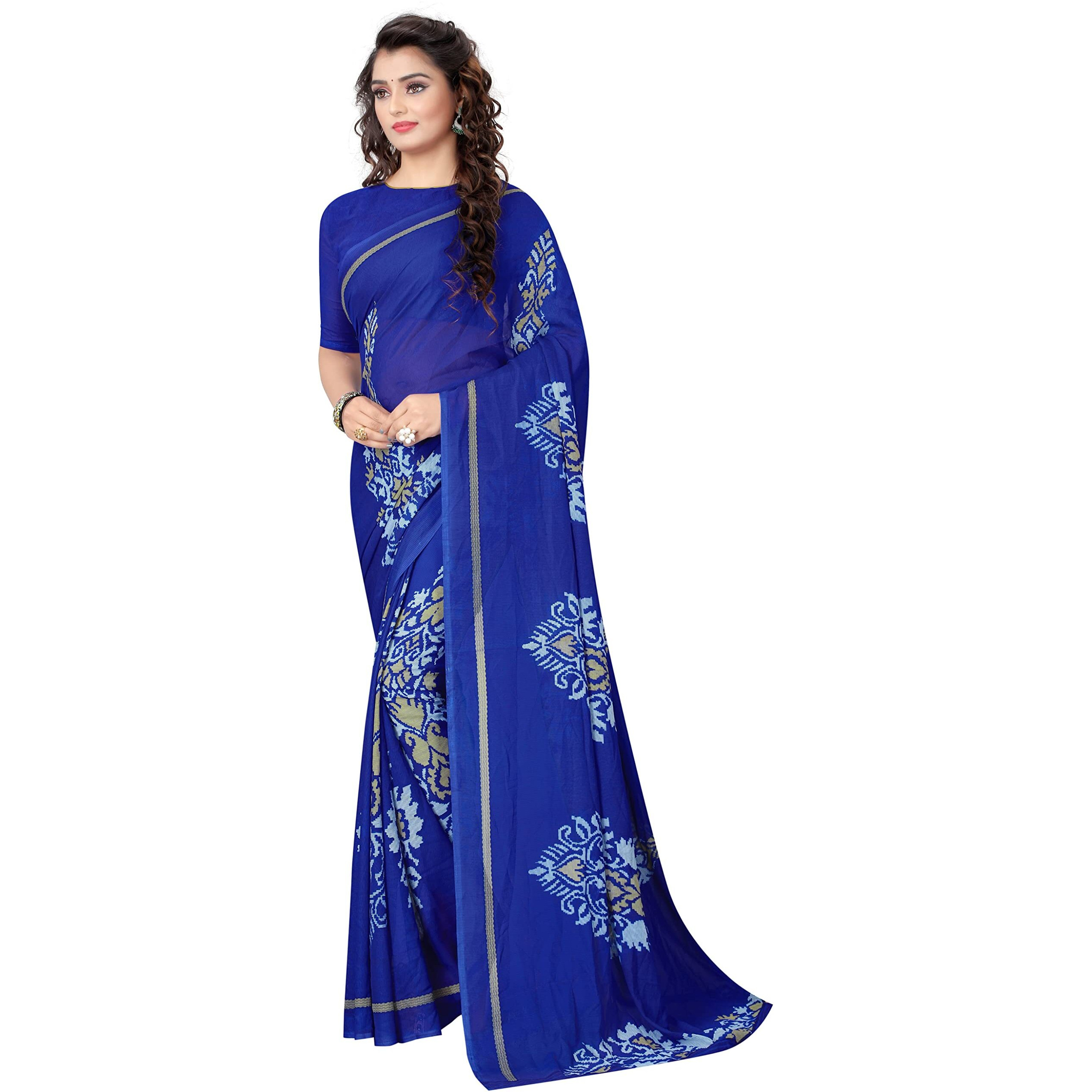 Yashika Womens Georgette Saree With Blouse Piece(FLYING NAVY_MULTI RED_Pack Of-2)