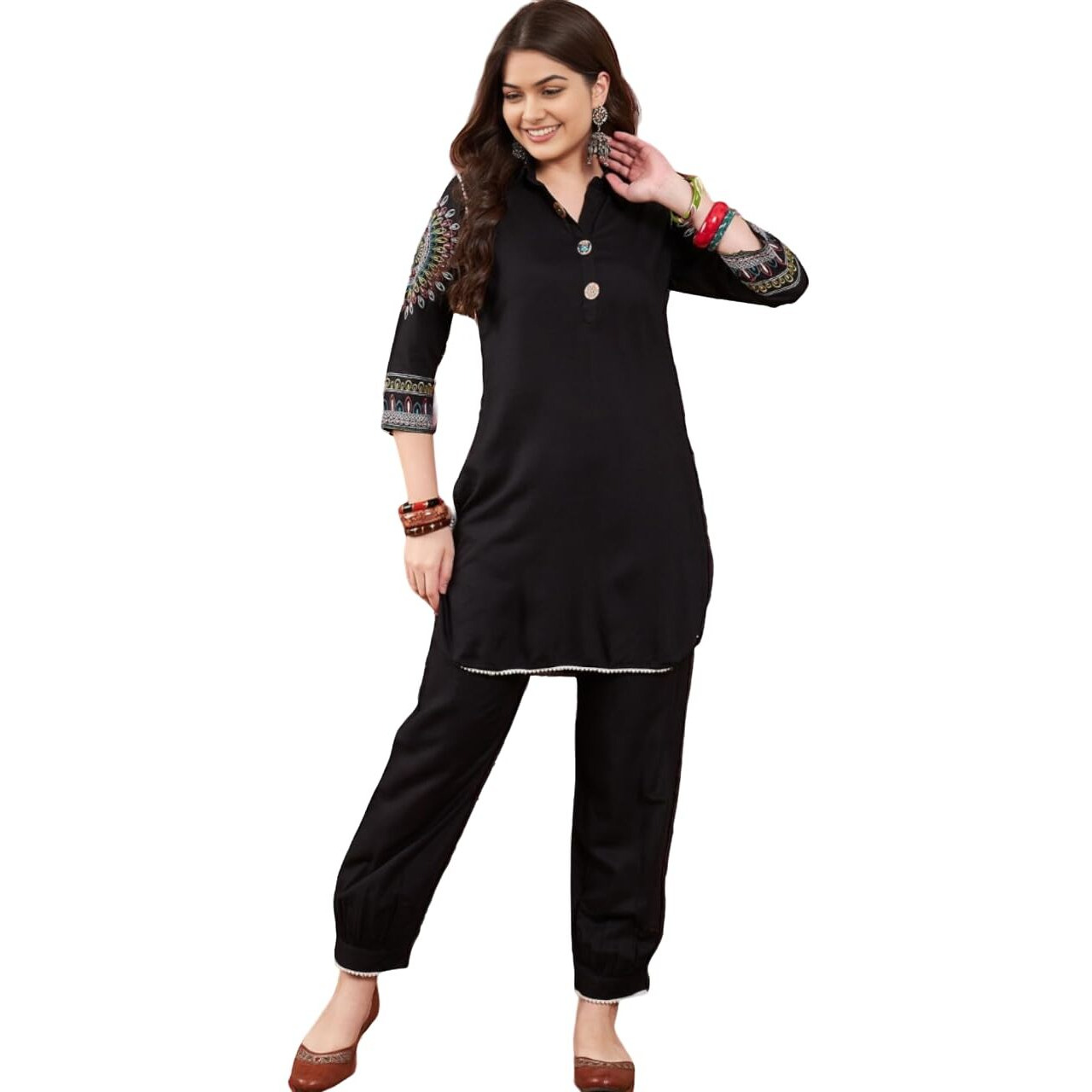 Bollyclues Women's Cotton Embroidered Kurta Pant Set(Black-RY-04)