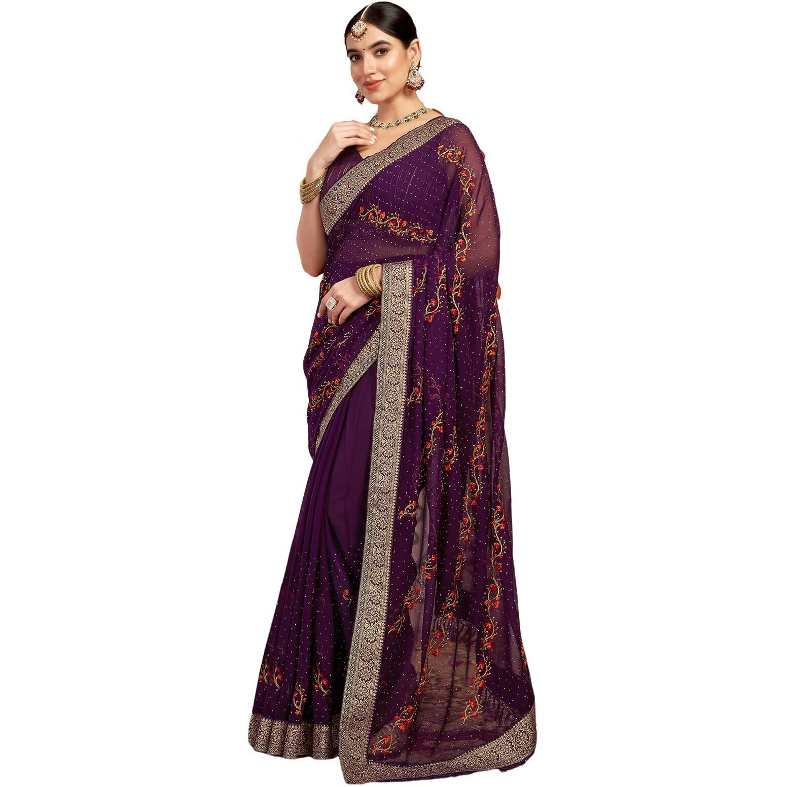 Satrani Women's Georgette Embroidery & Stone Work Saree with Unstitched Blouse Piece (4065S2832N_Dark Purple)