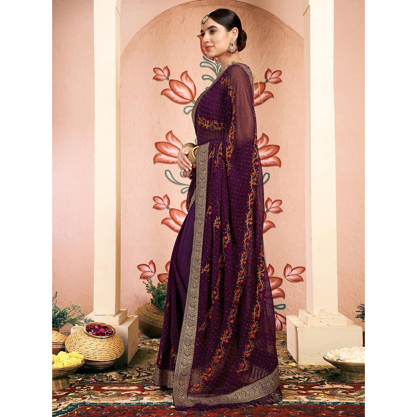 Satrani Women's Georgette Embroidery & Stone Work Saree with Unstitched Blouse Piece (4065S2832N_Dark Purple)