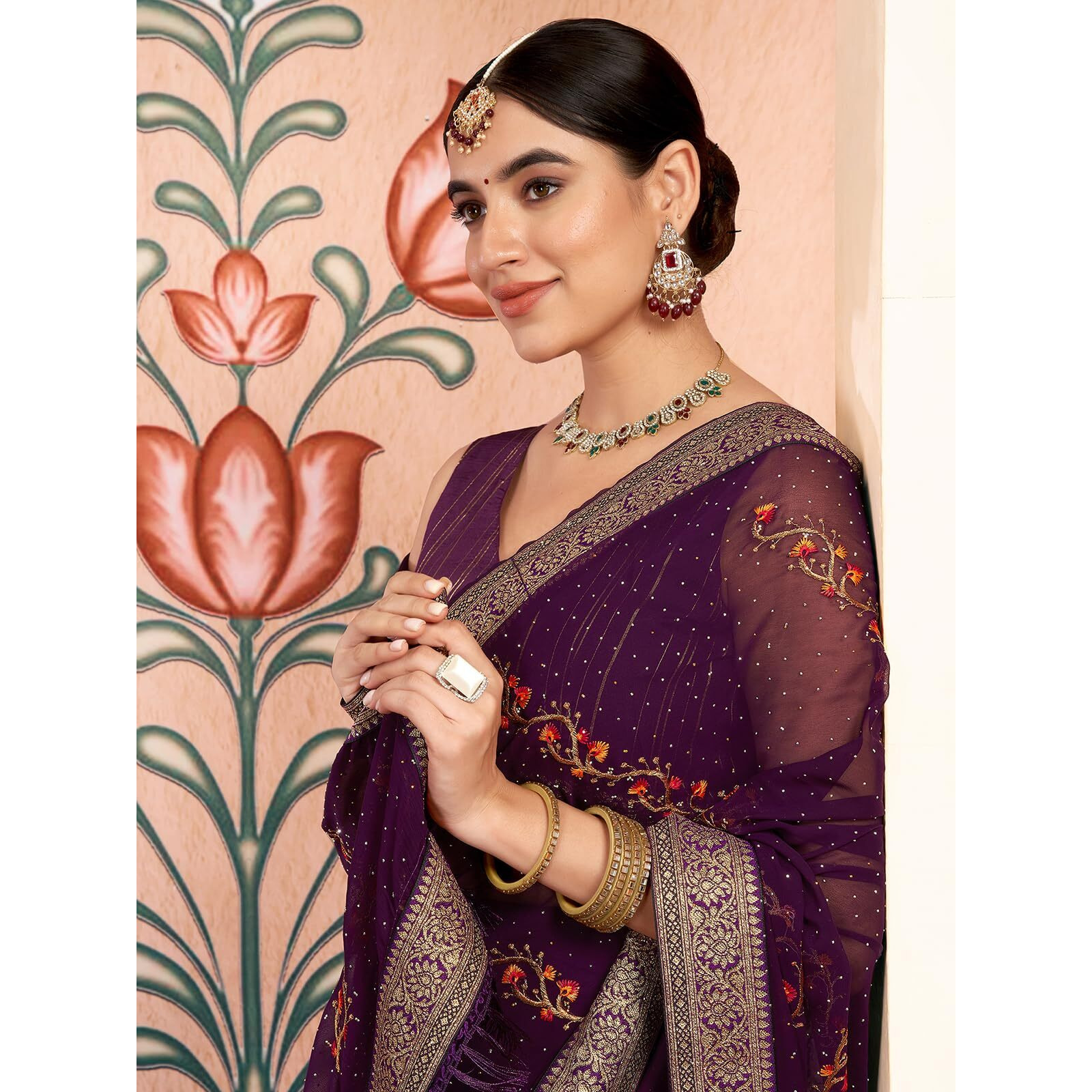 Satrani Women's Georgette Embroidery & Stone Work Saree with Unstitched Blouse Piece (4065S2832N_Dark Purple)