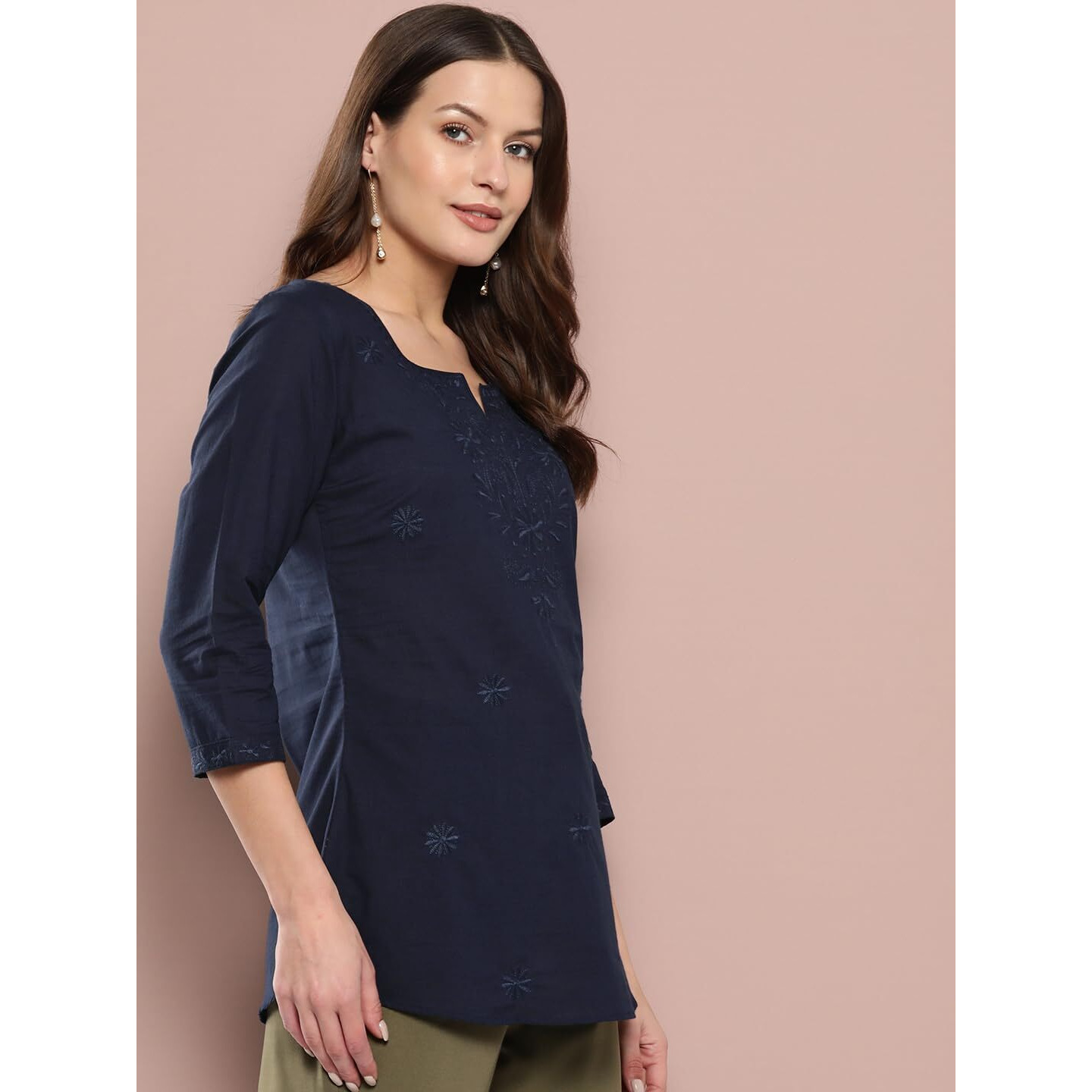 YUFTA Women Blue Chikankari Striped Regular Top_(1861TOPBL_L)