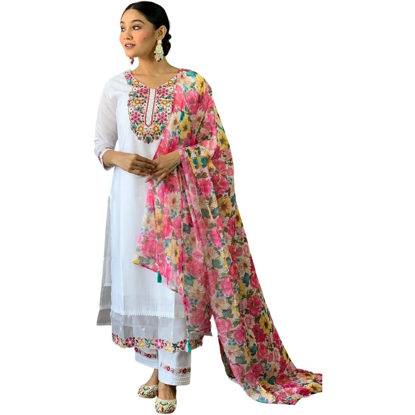 Naixa Women's Off White Chanderi with Cotton Lining Embroidered Straight Kurta with Chanderi Silk Pant and Crep Silk Printed Dupatta Sets (NX-551-Offwhite-XS)